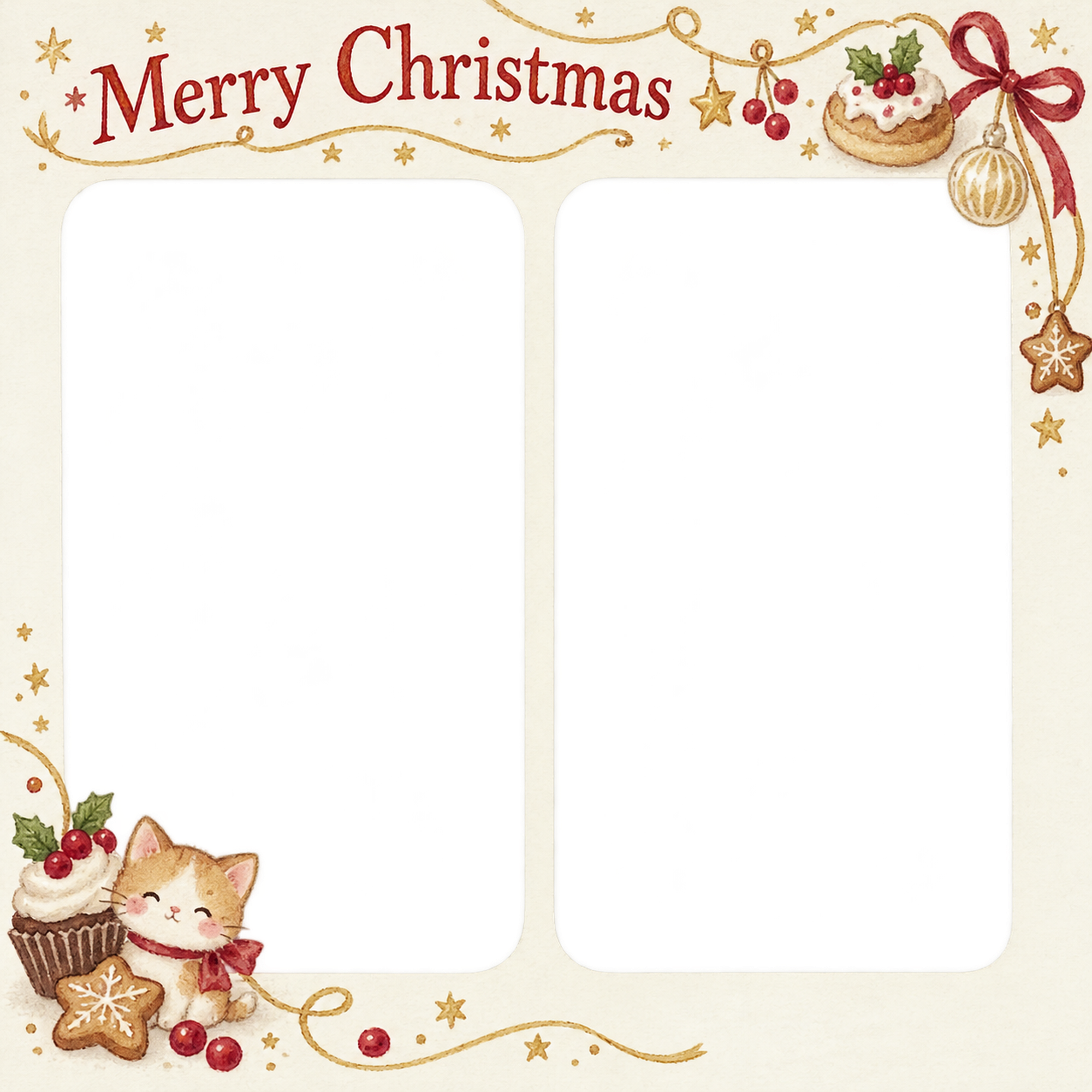 細い金の飾りの商品・作品を飾るクリスマス写真フレーム｜ケーキと焼き菓子・無料イラスト 100326に写真・文字を入れる