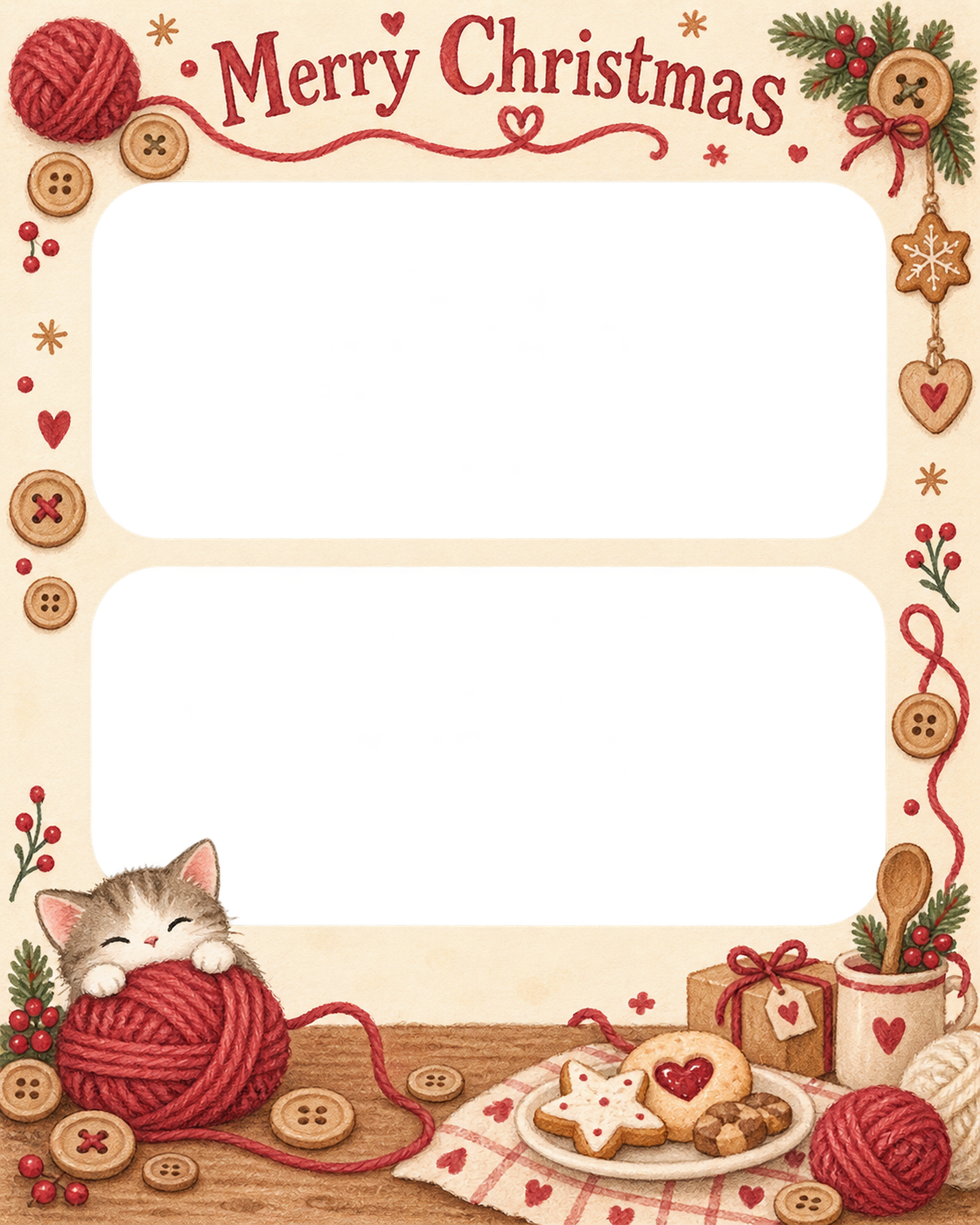 毛糸と木のボタンの商品・作品を飾るクリスマス写真フレーム｜ケーキと焼き菓子・無料イラスト 100328に写真・文字を入れる
