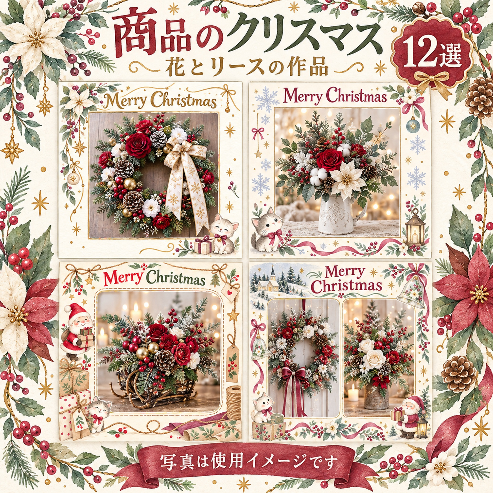 商品・作品を飾るクリスマス写真フレーム12選｜花とリースの作品の無料イラスト素材 100335に写真・文字を入れる