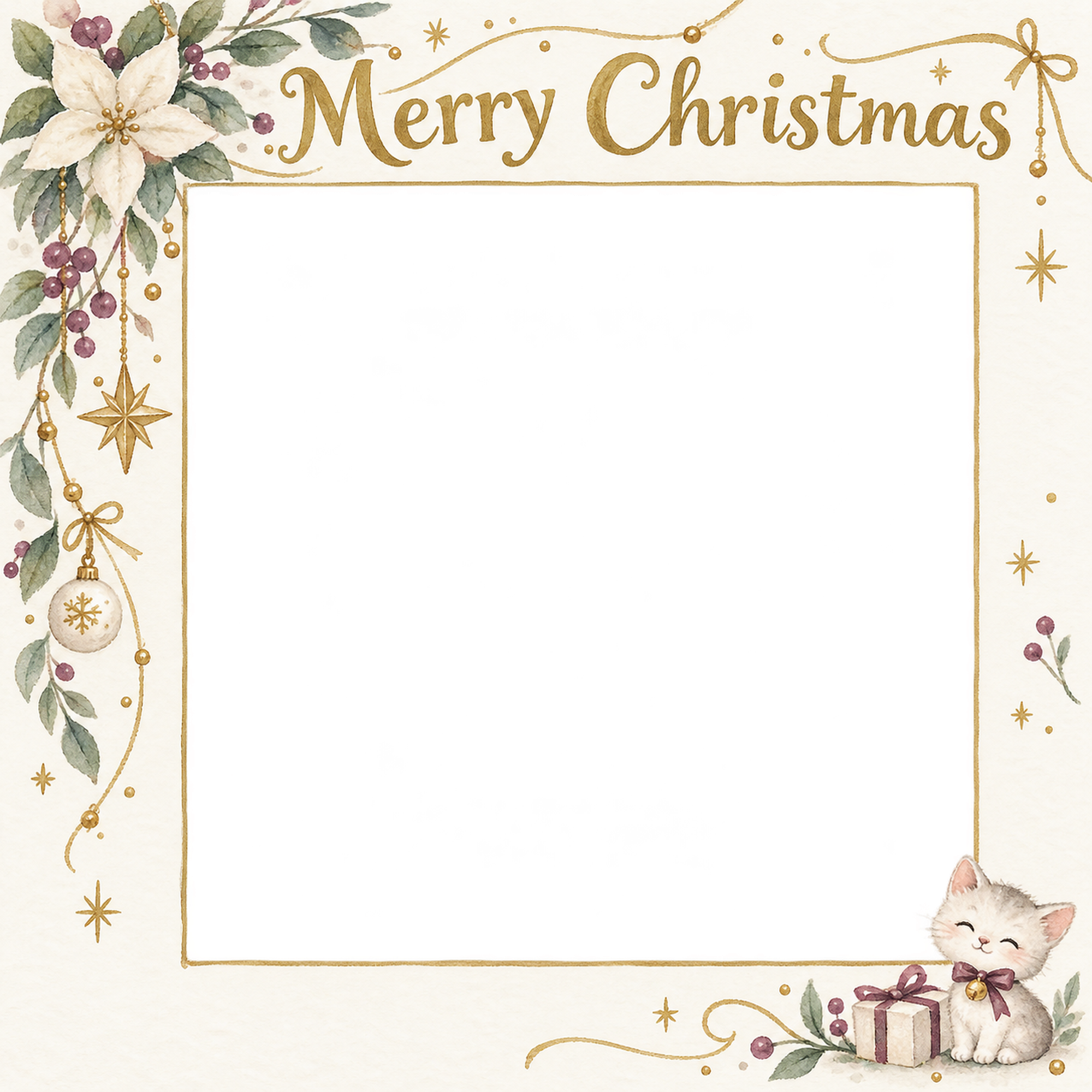 細い金の飾りの商品・作品を飾るクリスマス写真フレーム｜花とリースの作品・無料イラスト 100336に写真・文字を入れる
