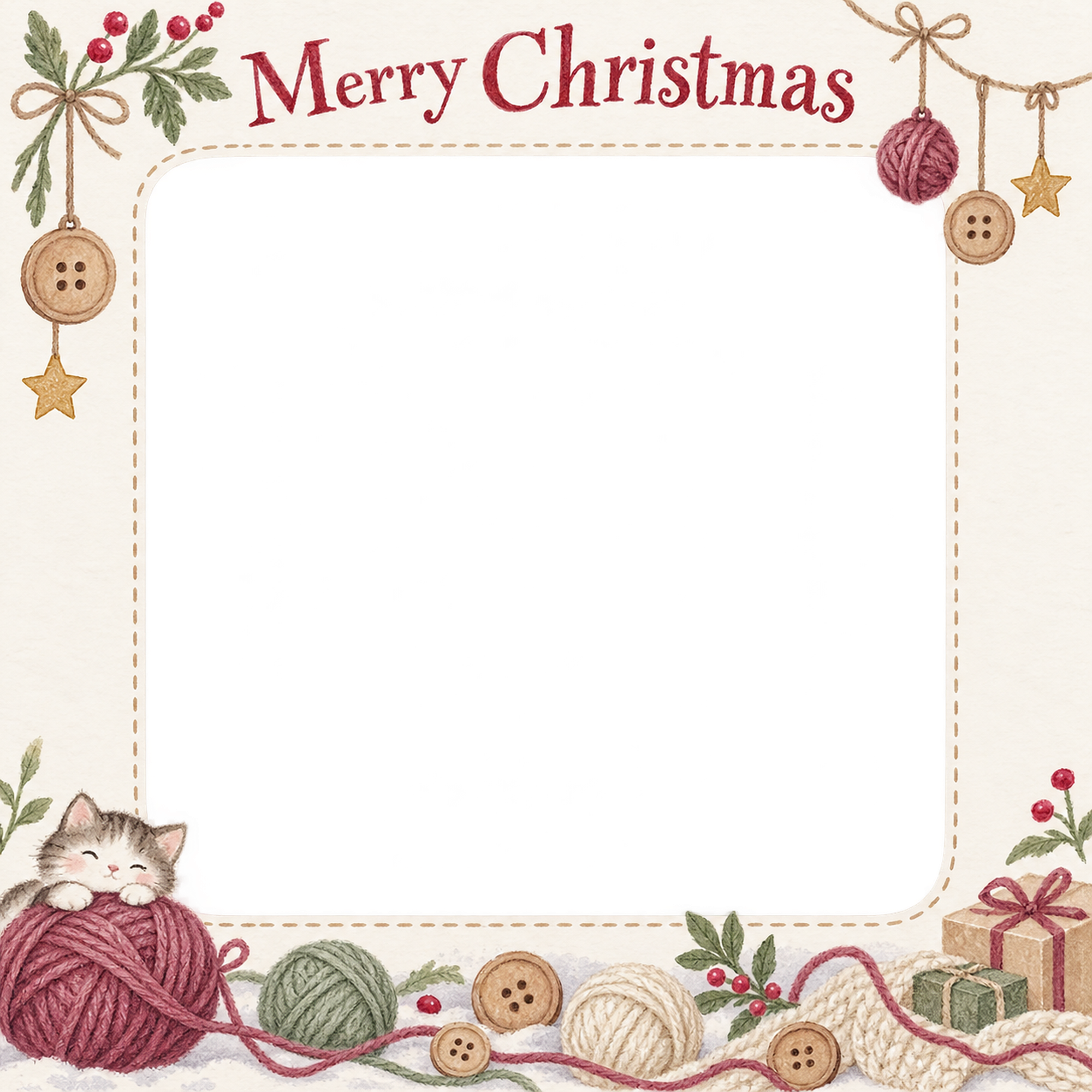 毛糸と木のボタンの商品・作品を飾るクリスマス写真フレーム｜花とリースの作品・無料イラスト 100338に写真・文字を入れる