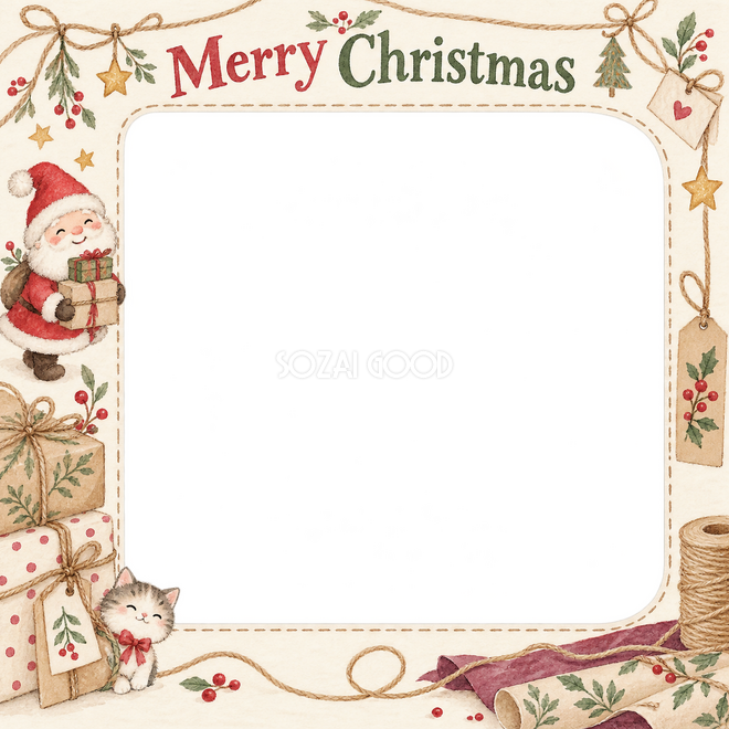麻ひもと包み紙のクリスマス枠 麻ひもと包み紙のクリスマス枠
