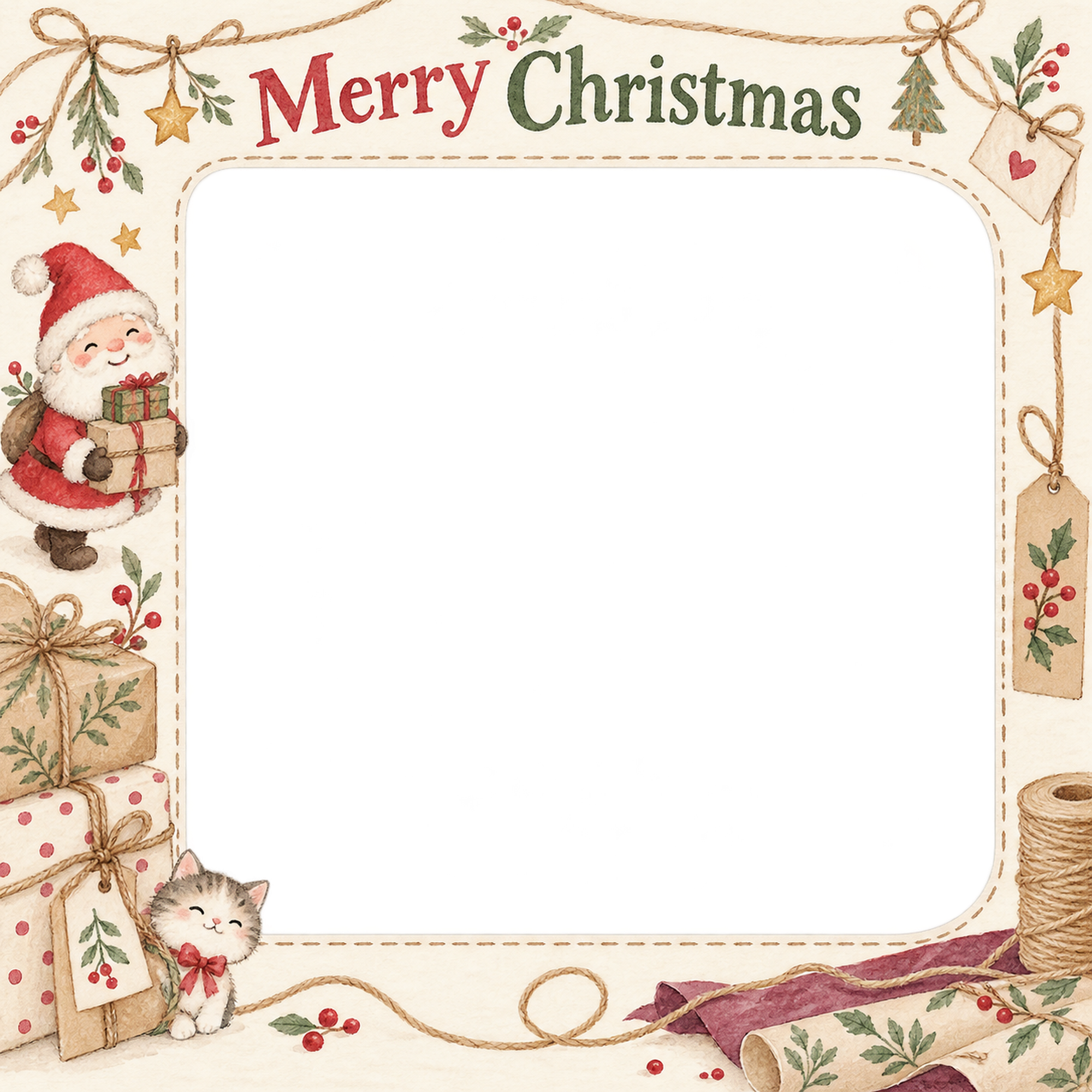 麻ひもと包み紙の商品・作品を飾るクリスマス写真フレーム｜花とリースの作品・無料イラスト 100342に写真・文字を入れる