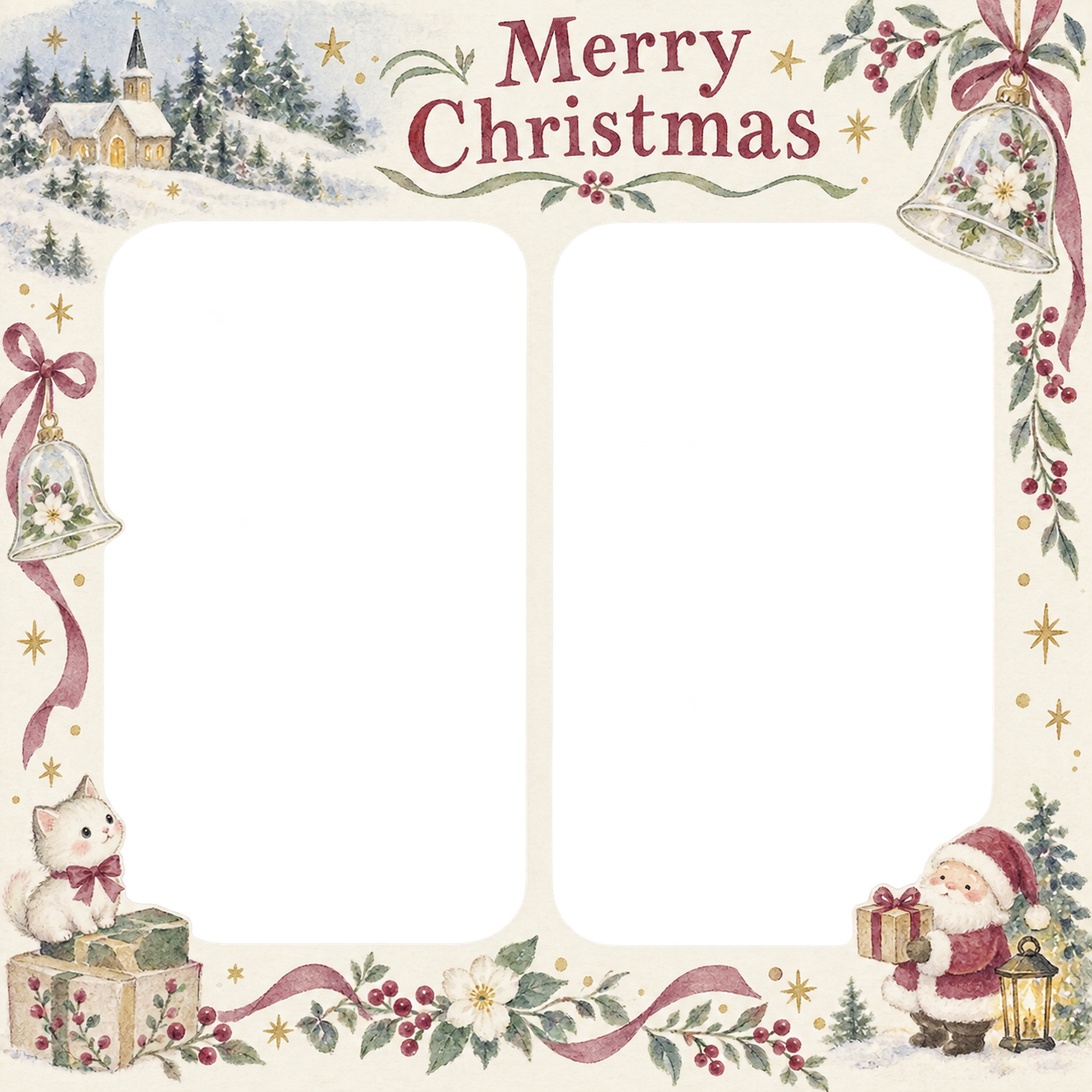 ガラスのベルの商品・作品を飾るクリスマス写真フレーム｜花とリースの作品・無料イラスト 100343に写真・文字を入れる
