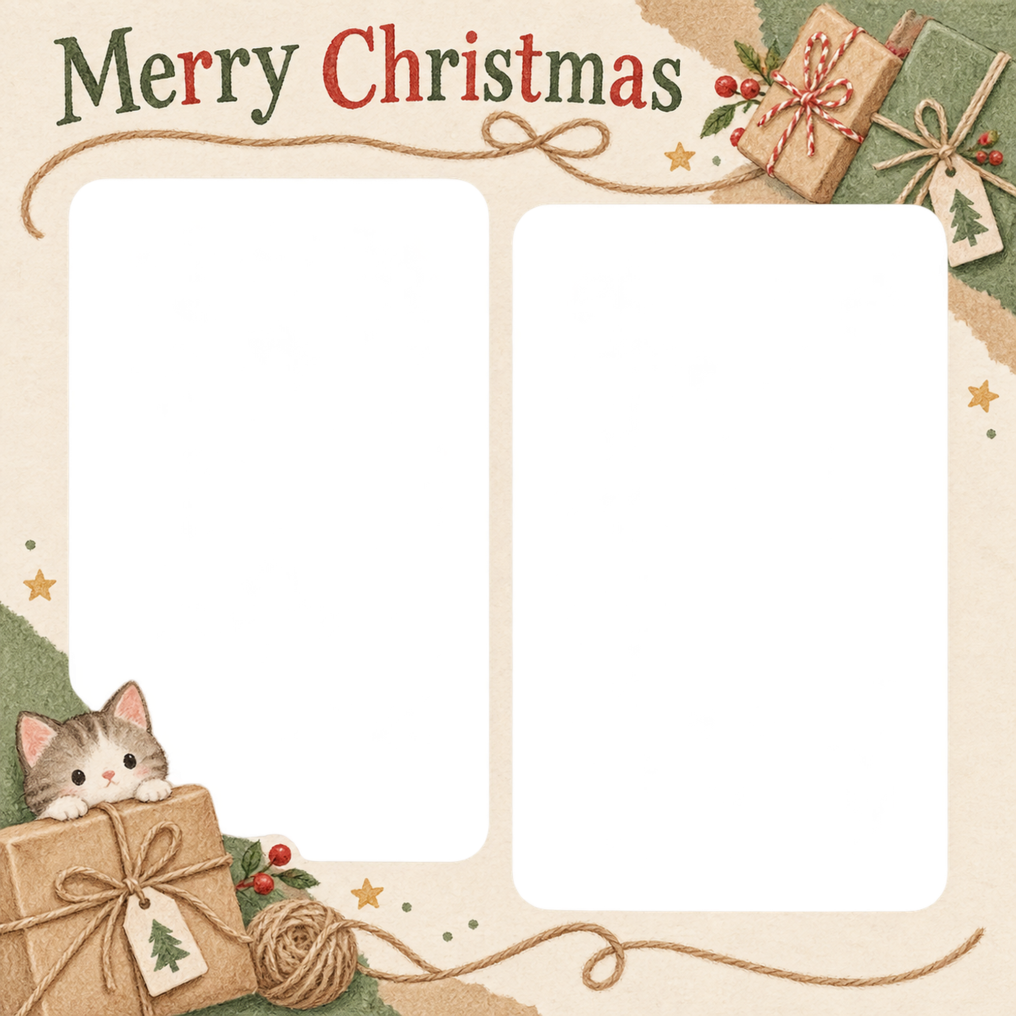 麻ひもと包み紙の商品・作品を飾るクリスマス写真フレーム｜雑貨と手作りの贈り物・無料イラスト 100352に写真・文字を入れる