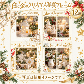 商品・作品を飾るクリスマス写真フレーム12選｜白と金の商品紹介の無料イラスト素材 100361
