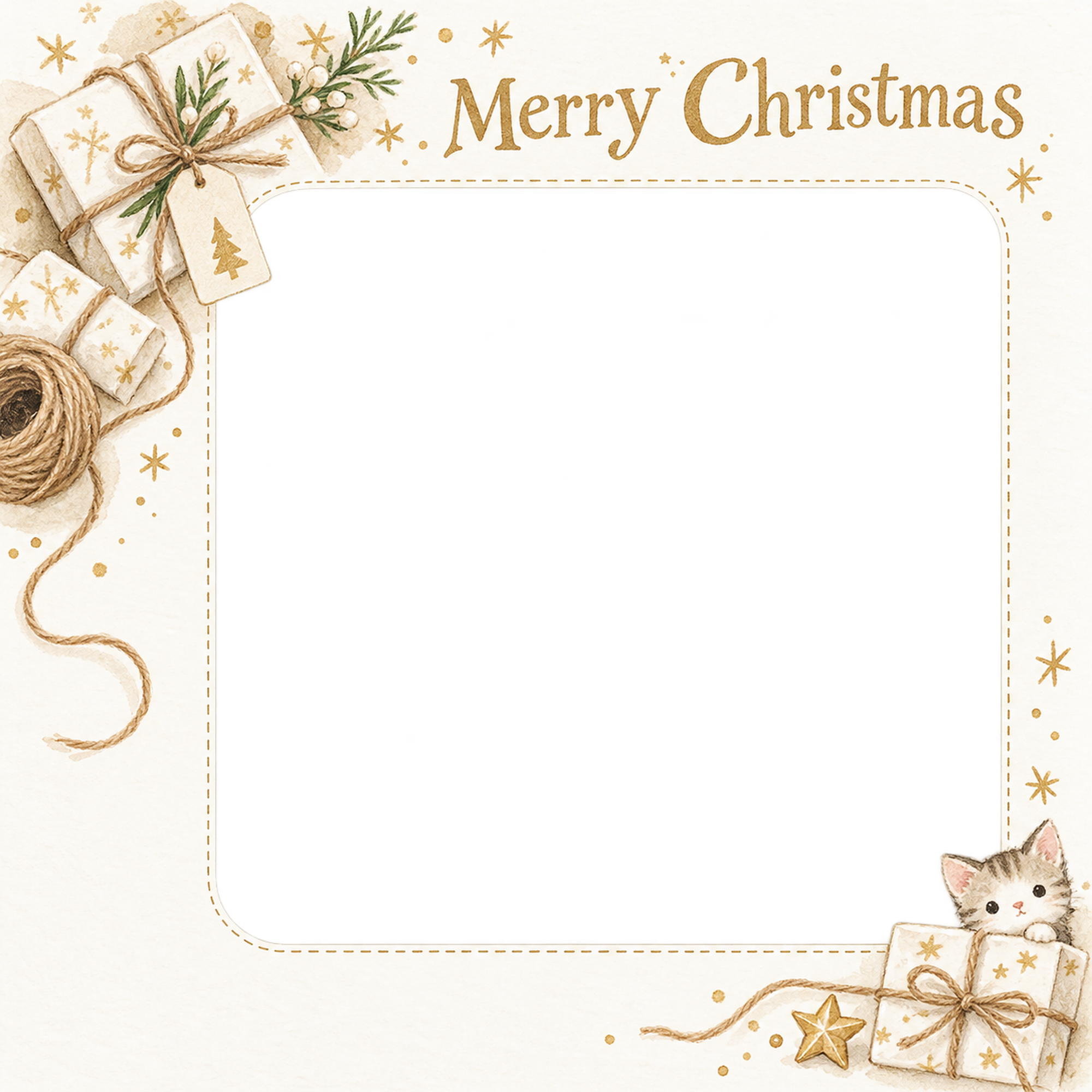 麻ひもと包み紙の商品・作品を飾るクリスマス写真フレーム｜白と金の商品紹介・無料イラスト 100362に写真・文字を入れる