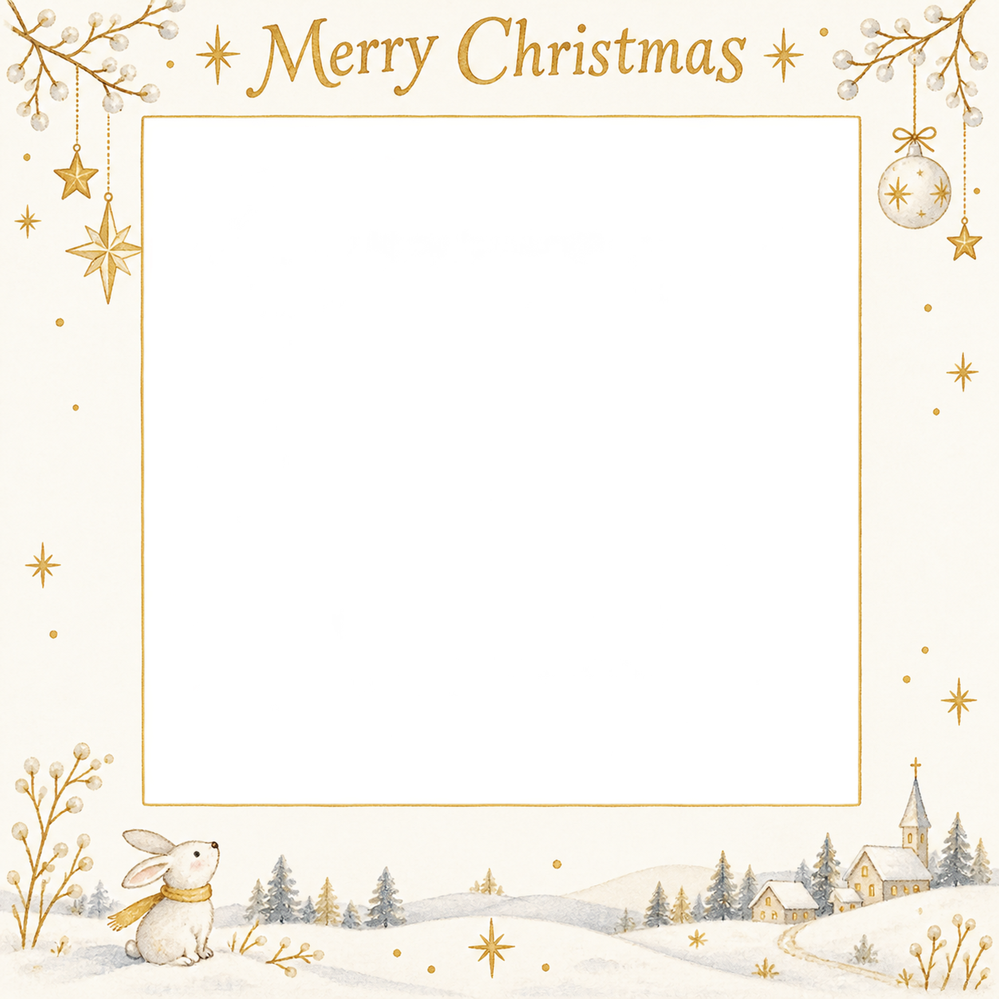 冬の枝と星の商品・作品を飾るクリスマス写真フレーム｜白と金の商品紹介・無料イラスト 100364に写真・文字を入れる