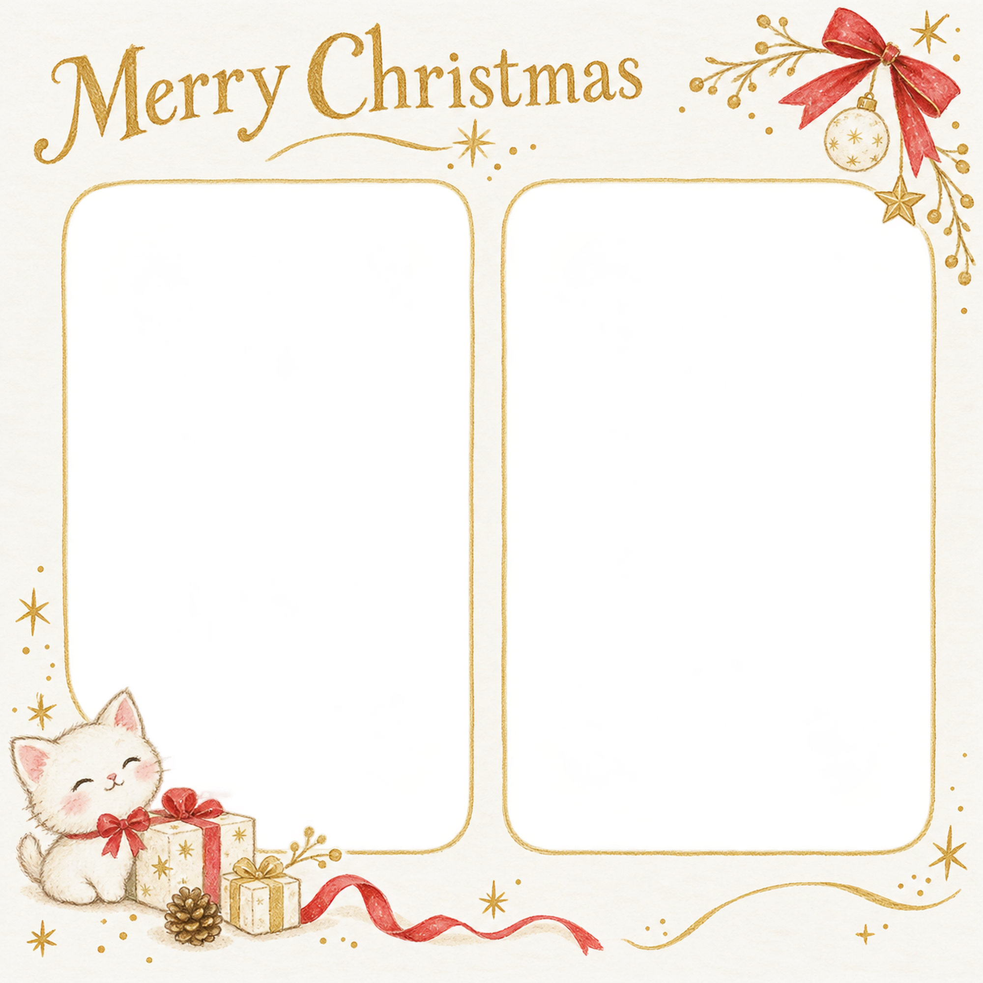 小さな赤いリボンの商品・作品を飾るクリスマス写真フレーム｜白と金の商品紹介・無料イラスト 100365に写真・文字を入れる