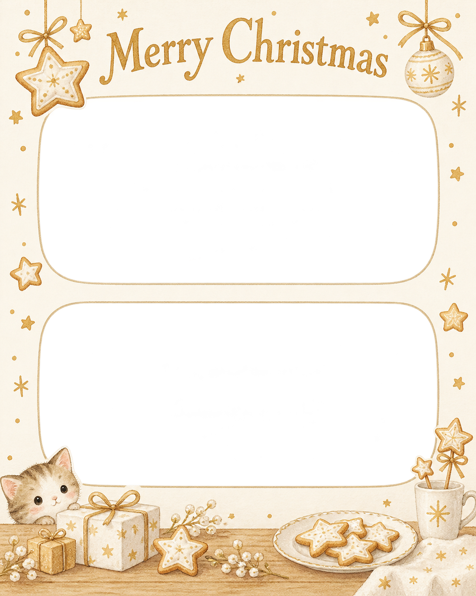 クッキーの星の商品・作品を飾るクリスマス写真フレーム｜白と金の商品紹介・無料イラスト 100367に写真・文字を入れる