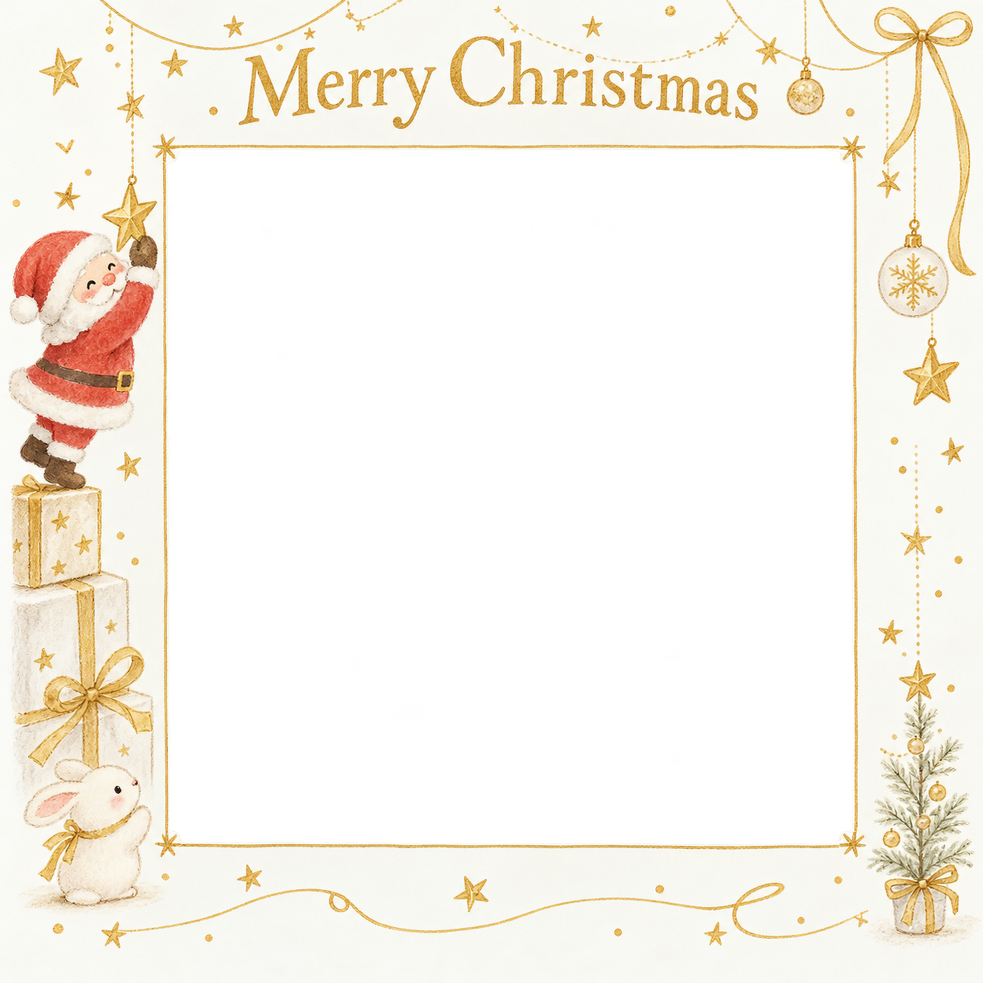 細い金の飾りの商品・作品を飾るクリスマス写真フレーム｜白と金の商品紹介・無料イラスト 100368に写真・文字を入れる