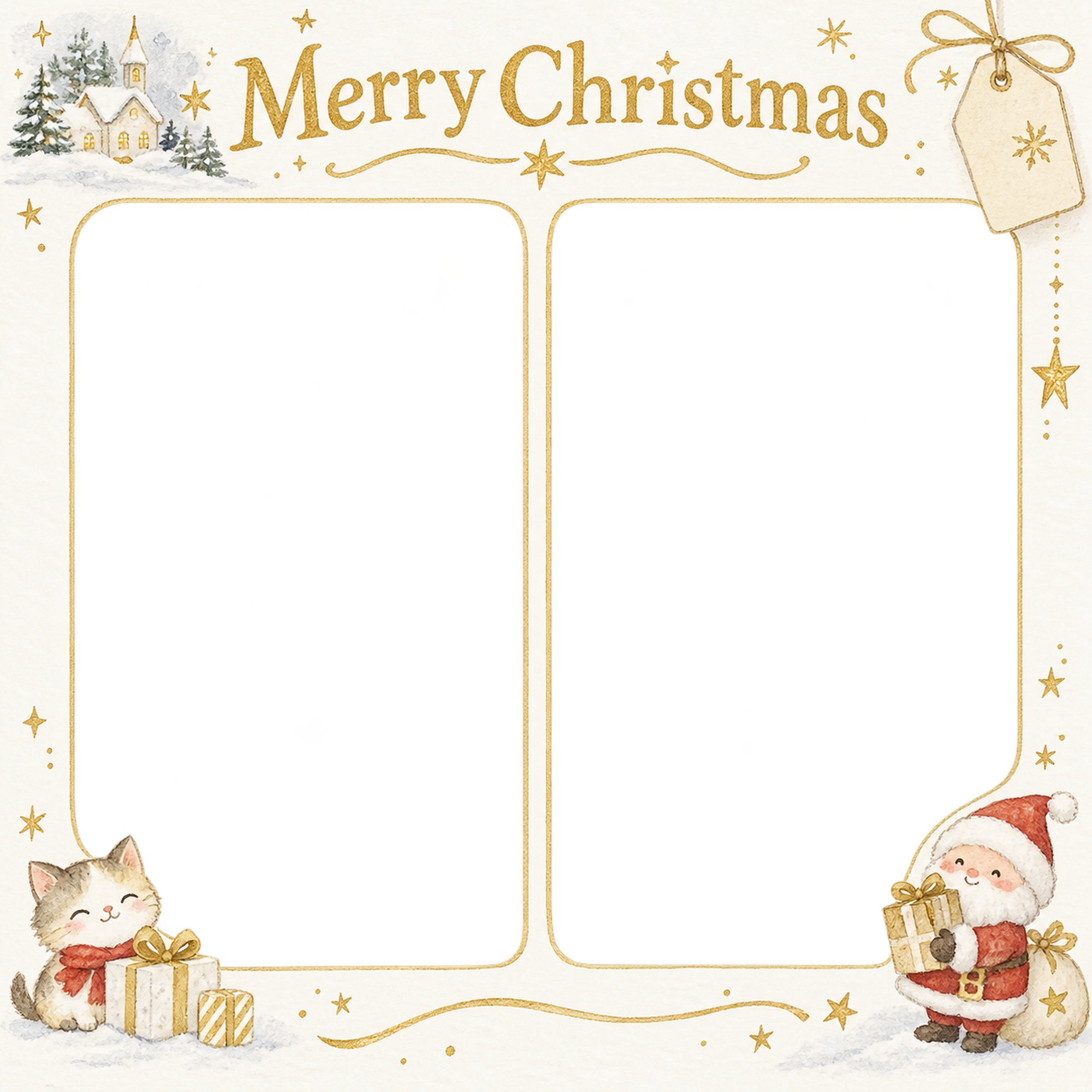 紙のタグの商品・作品を飾るクリスマス写真フレーム｜白と金の商品紹介・無料イラスト 100369に写真・文字を入れる