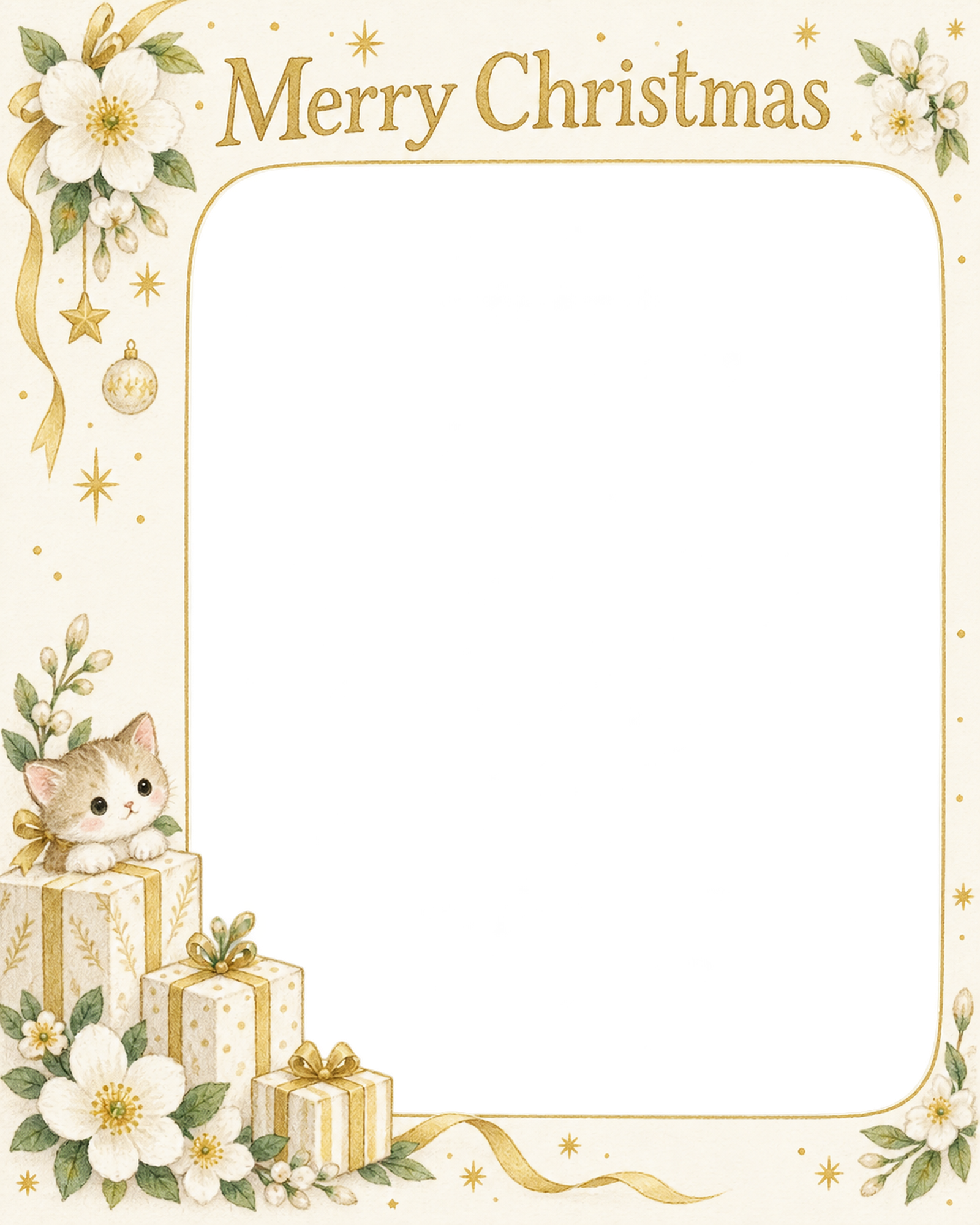白い花の商品・作品を飾るクリスマス写真フレーム｜白と金の商品紹介・無料イラスト 100371に写真・文字を入れる