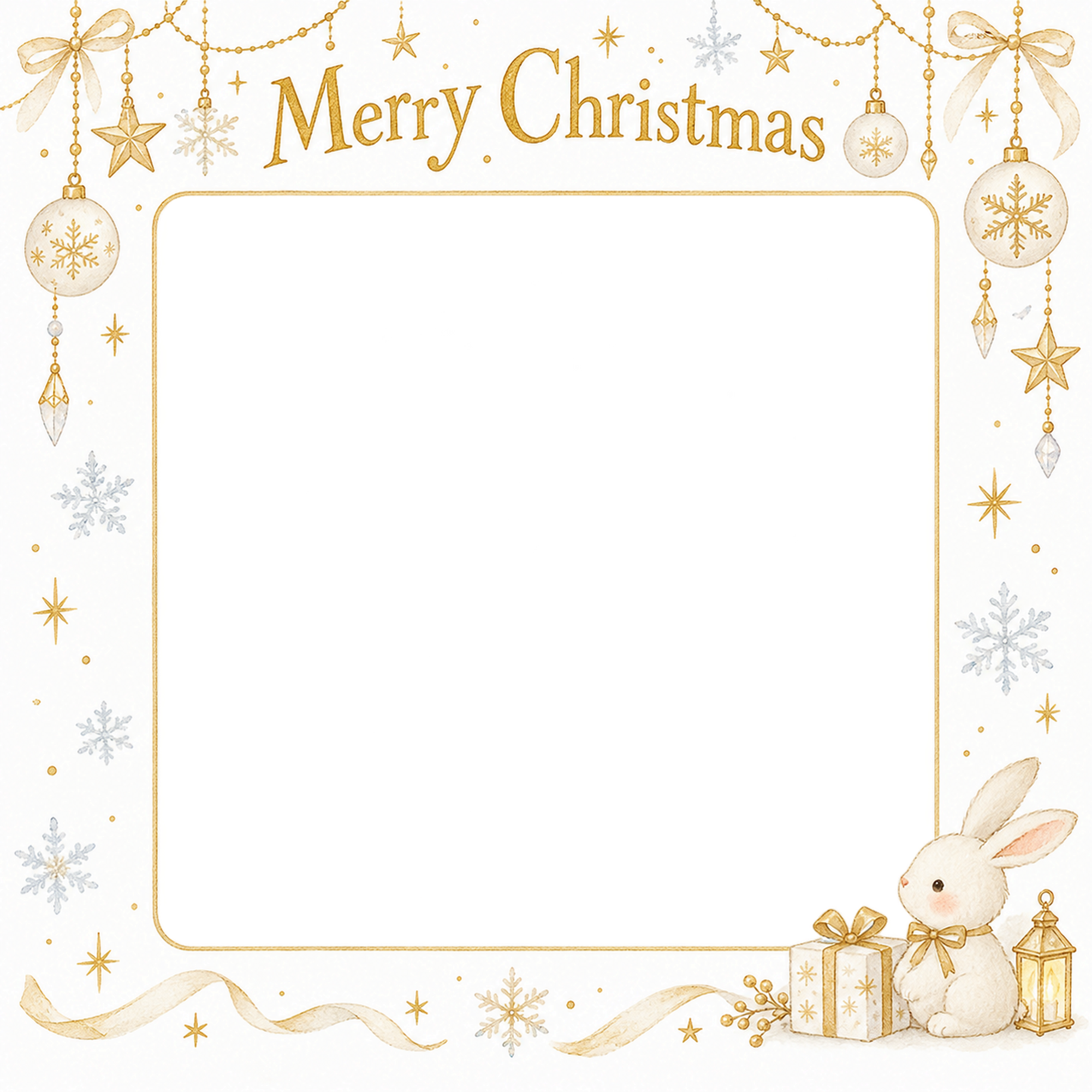 淡い雪の結晶の商品・作品を飾るクリスマス写真フレーム｜白と金の商品紹介・無料イラスト 100372に写真・文字を入れる