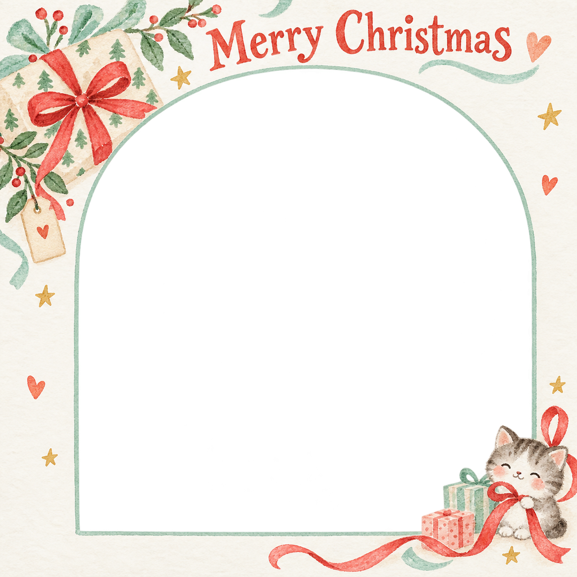 小さな赤いリボンの商品・作品を飾るクリスマス写真フレーム｜包み紙とリボン・無料イラスト 100375に写真・文字を入れる