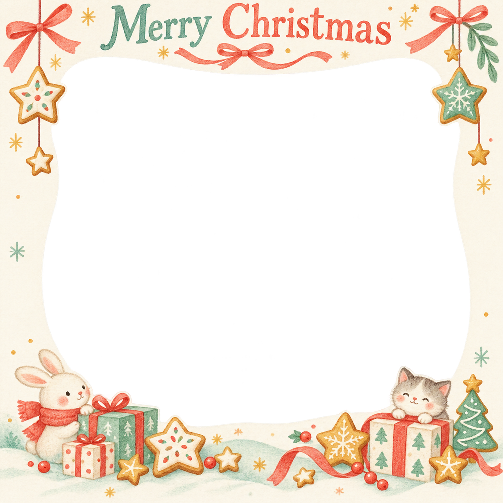 クッキーの星の商品・作品を飾るクリスマス写真フレーム｜包み紙とリボン・無料イラスト 100377に写真・文字を入れる
