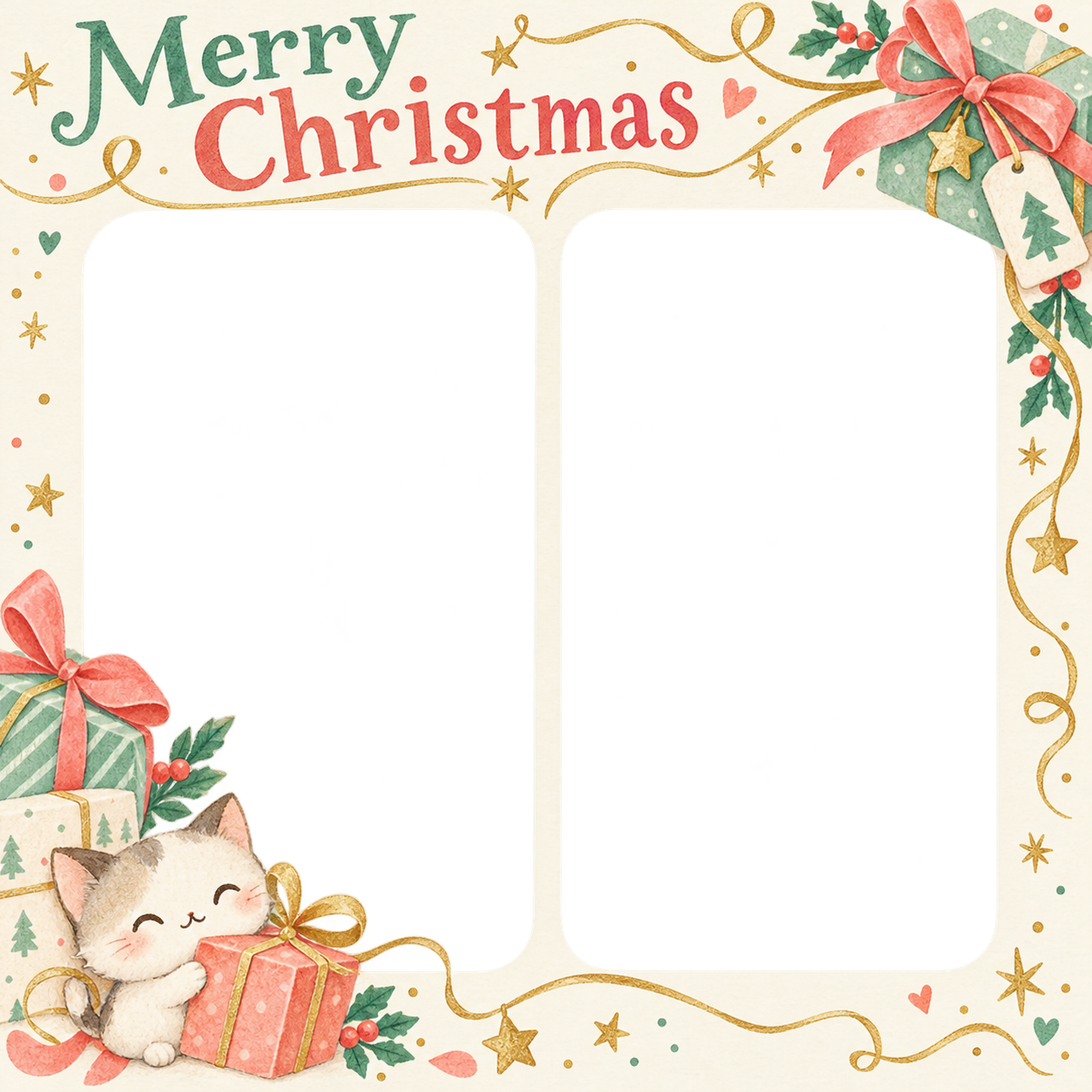 細い金の飾りの商品・作品を飾るクリスマス写真フレーム｜包み紙とリボン・無料イラスト 100378に写真・文字を入れる