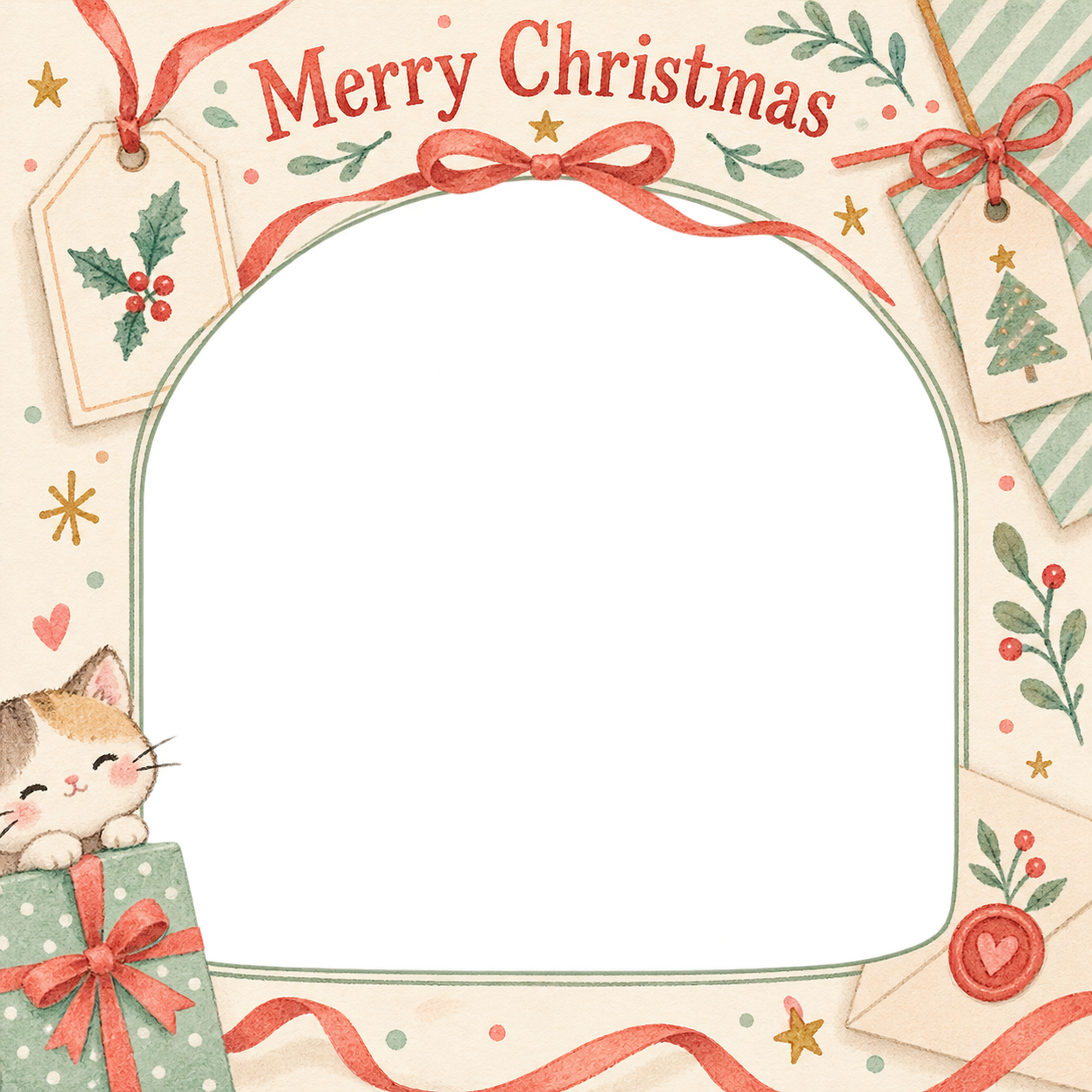 紙のタグの商品・作品を飾るクリスマス写真フレーム｜包み紙とリボン・無料イラスト 100379に写真・文字を入れる