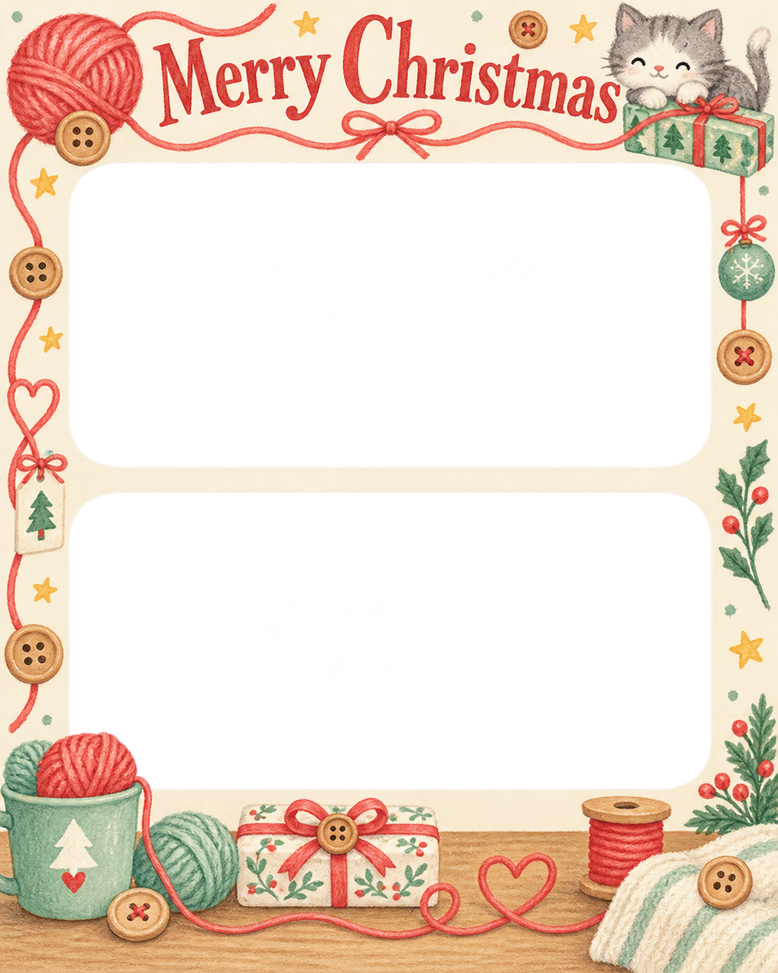 毛糸と木のボタンの商品・作品を飾るクリスマス写真フレーム｜包み紙とリボン・無料イラスト 100380に写真・文字を入れる