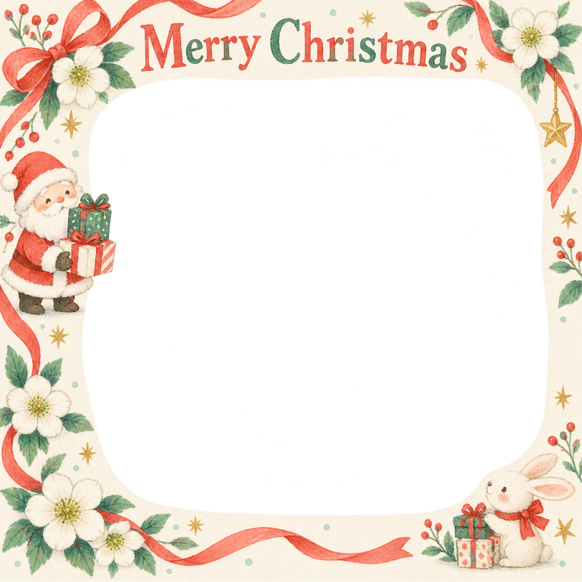 白い花の商品・作品を飾るクリスマス写真フレーム｜包み紙とリボン・無料イラスト 100381に写真・文字を入れる