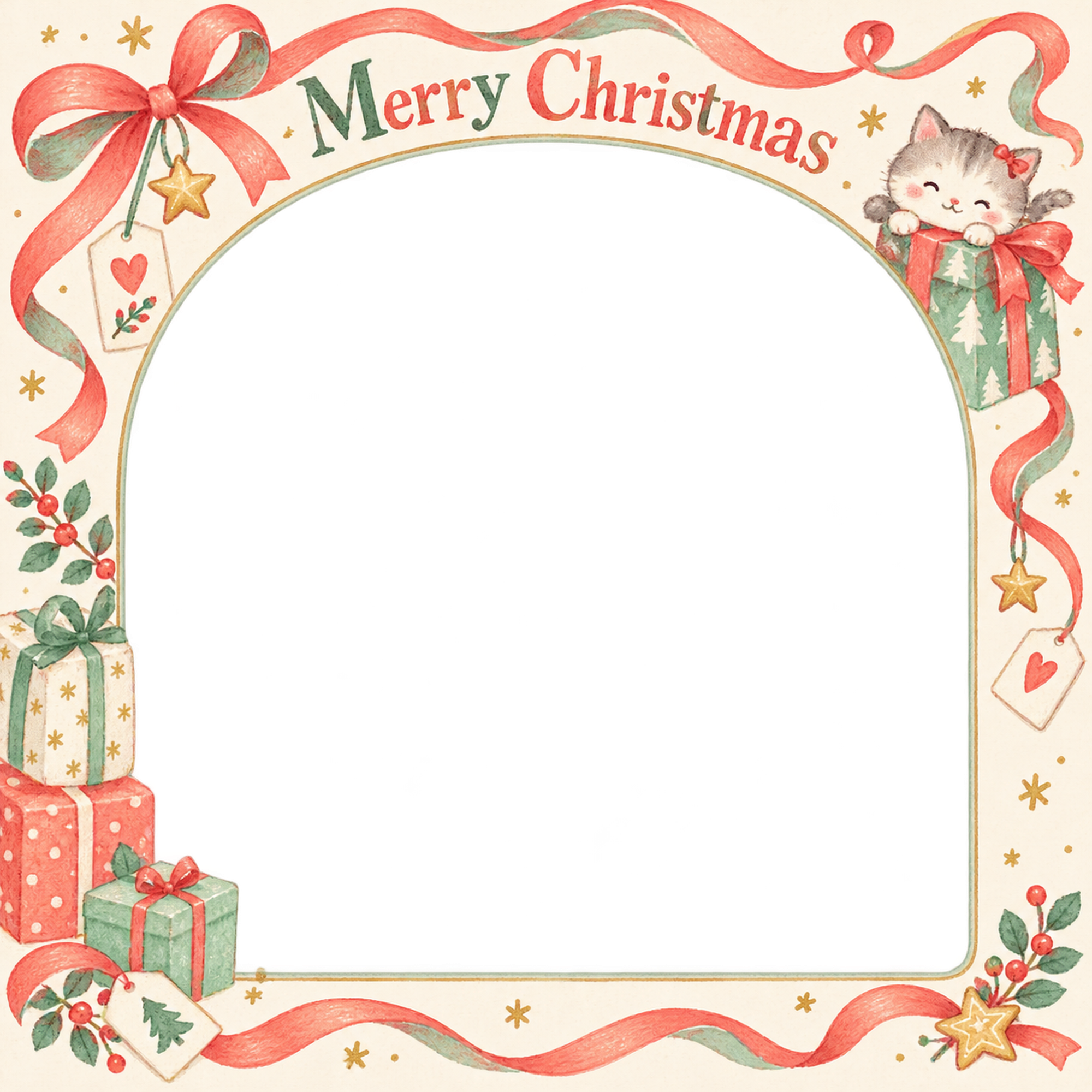 小さな贈り物の商品・作品を飾るクリスマス写真フレーム｜包み紙とリボン・無料イラスト 100383に写真・文字を入れる