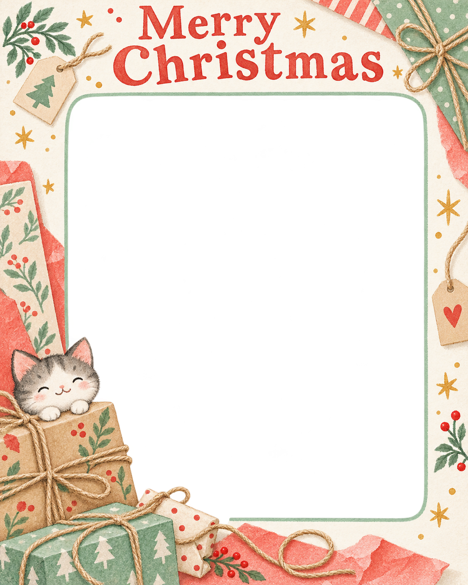 麻ひもと包み紙の商品・作品を飾るクリスマス写真フレーム｜包み紙とリボン・無料イラスト 100384に写真・文字を入れる
