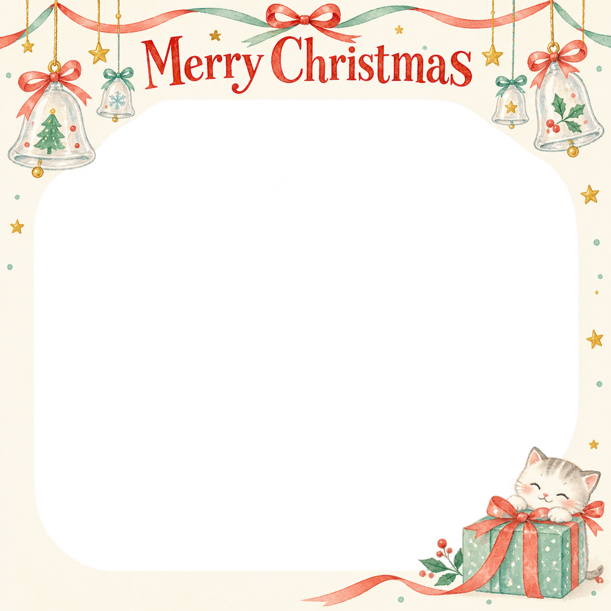 ガラスのベルの商品・作品を飾るクリスマス写真フレーム｜包み紙とリボン・無料イラスト 100385に写真・文字を入れる