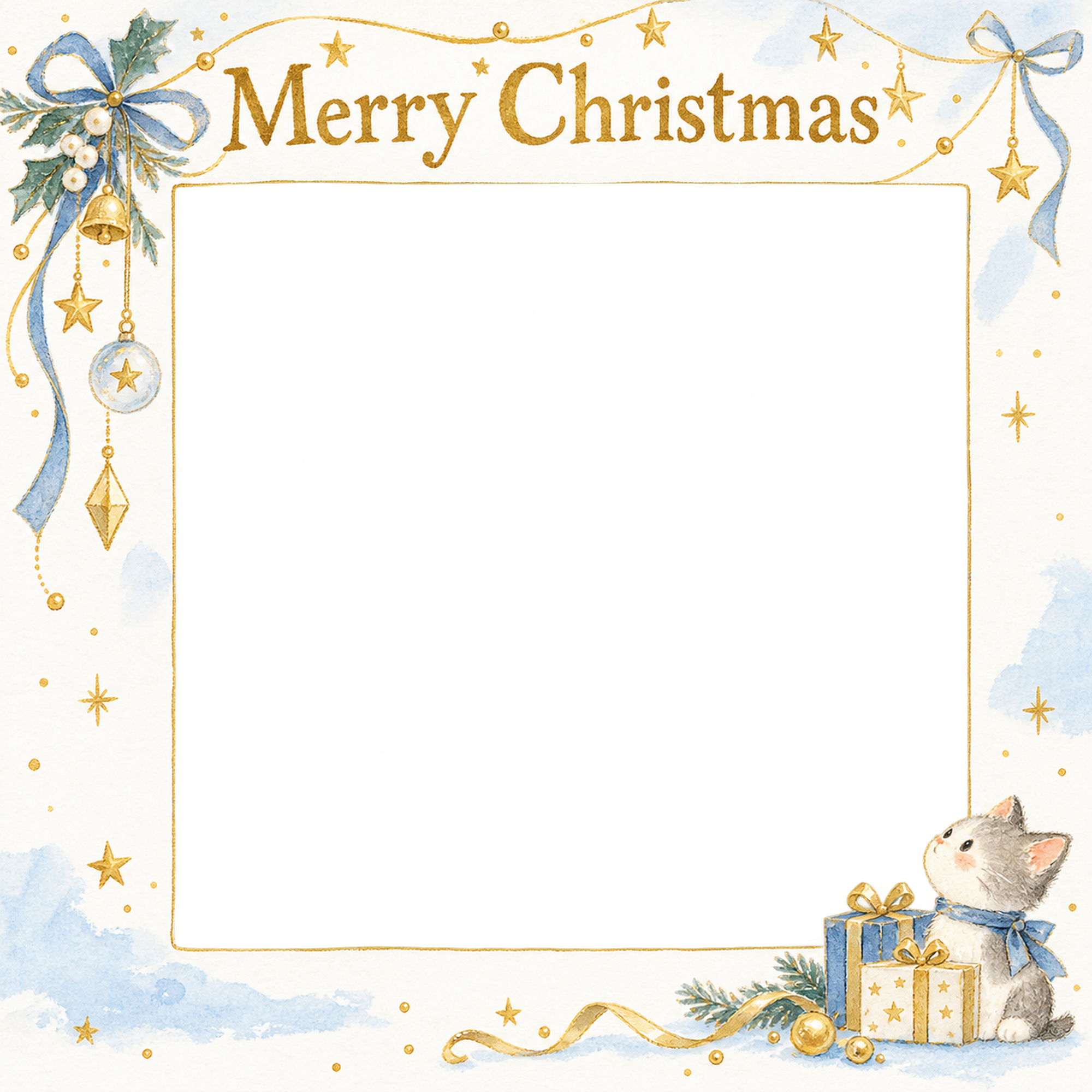 細い金の飾りの商品・作品を飾るクリスマス写真フレーム｜冬の小さな展示室・無料イラスト 100388に写真・文字を入れる