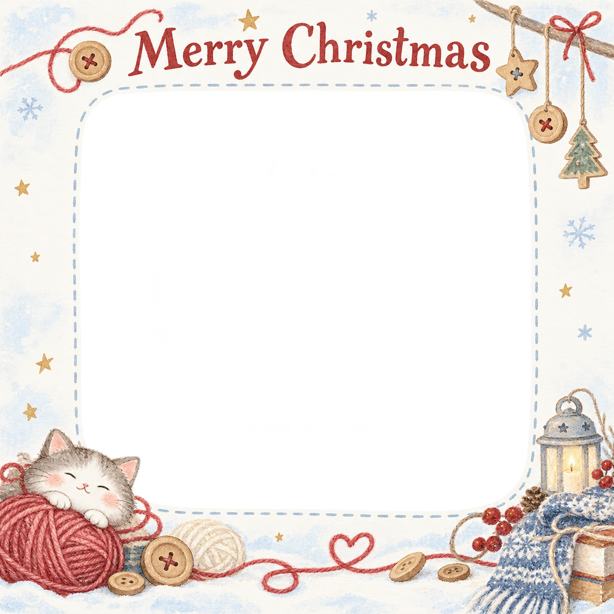 毛糸と木のボタンの商品・作品を飾るクリスマス写真フレーム｜冬の小さな展示室・無料イラスト 100390に写真・文字を入れる