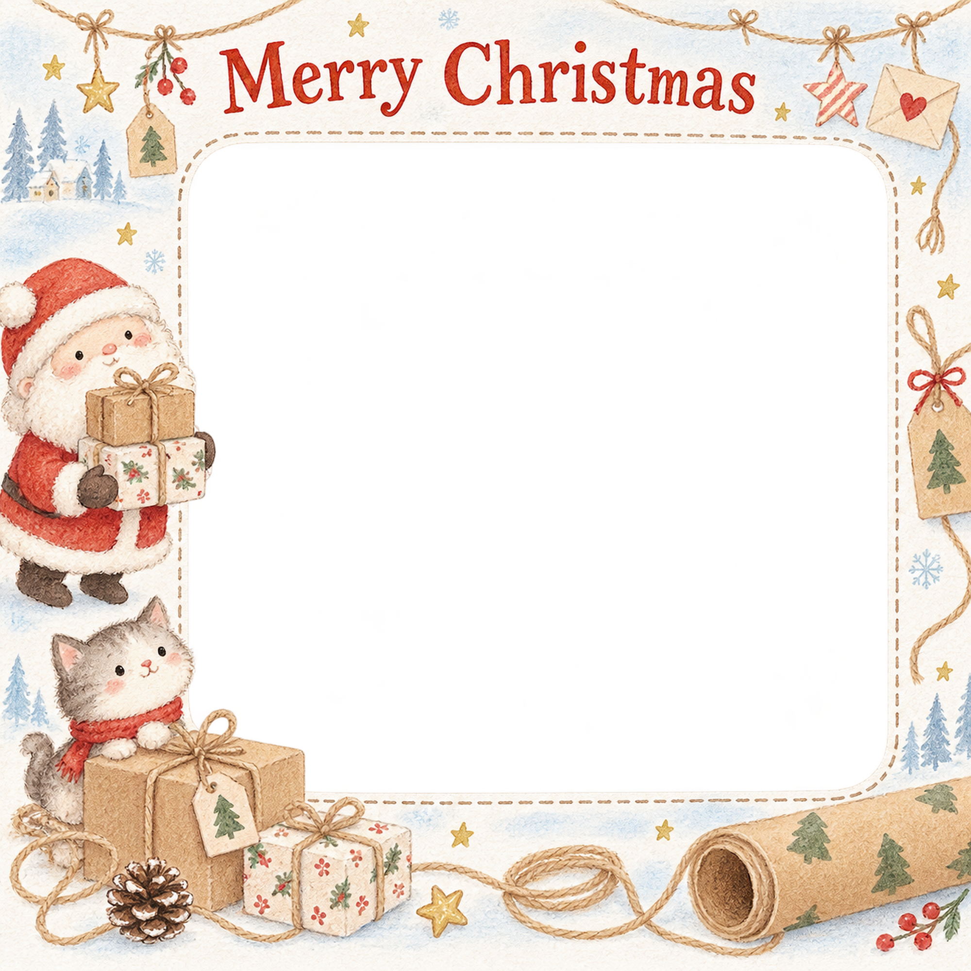 麻ひもと包み紙の商品・作品を飾るクリスマス写真フレーム｜冬の小さな展示室・無料イラスト 100394に写真・文字を入れる