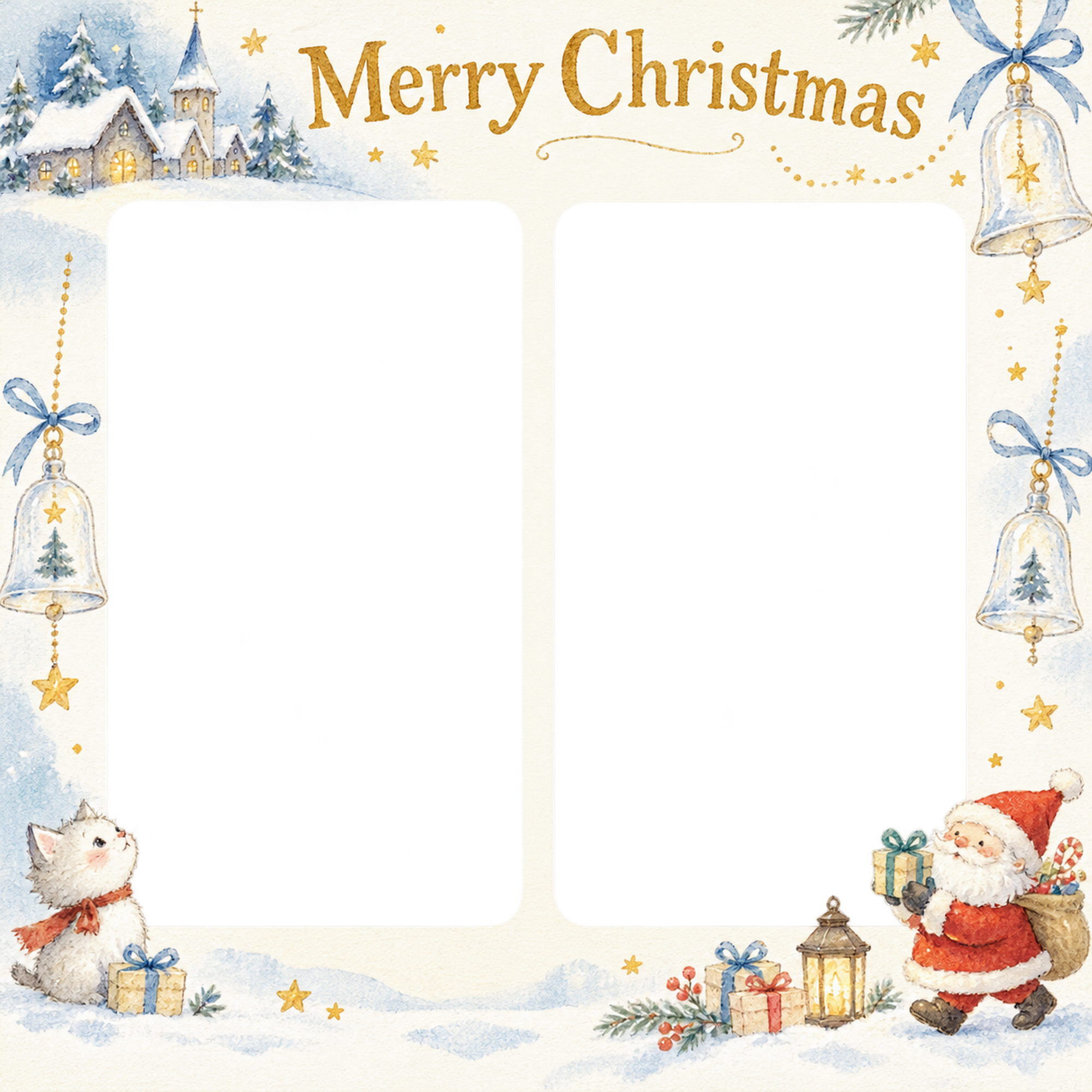 ガラスのベルの商品・作品を飾るクリスマス写真フレーム｜冬の小さな展示室・無料イラスト 100395に写真・文字を入れる