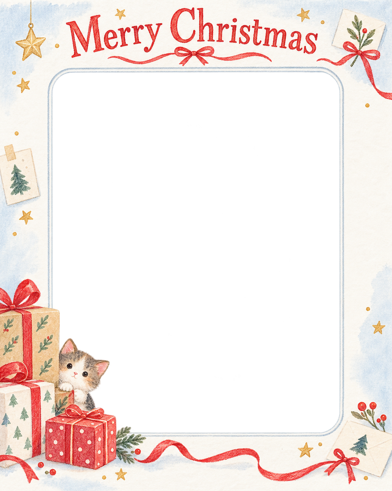 小さな赤いリボンの商品・作品を飾るクリスマス写真フレーム｜冬の小さな展示室・無料イラスト 100397に写真・文字を入れる
