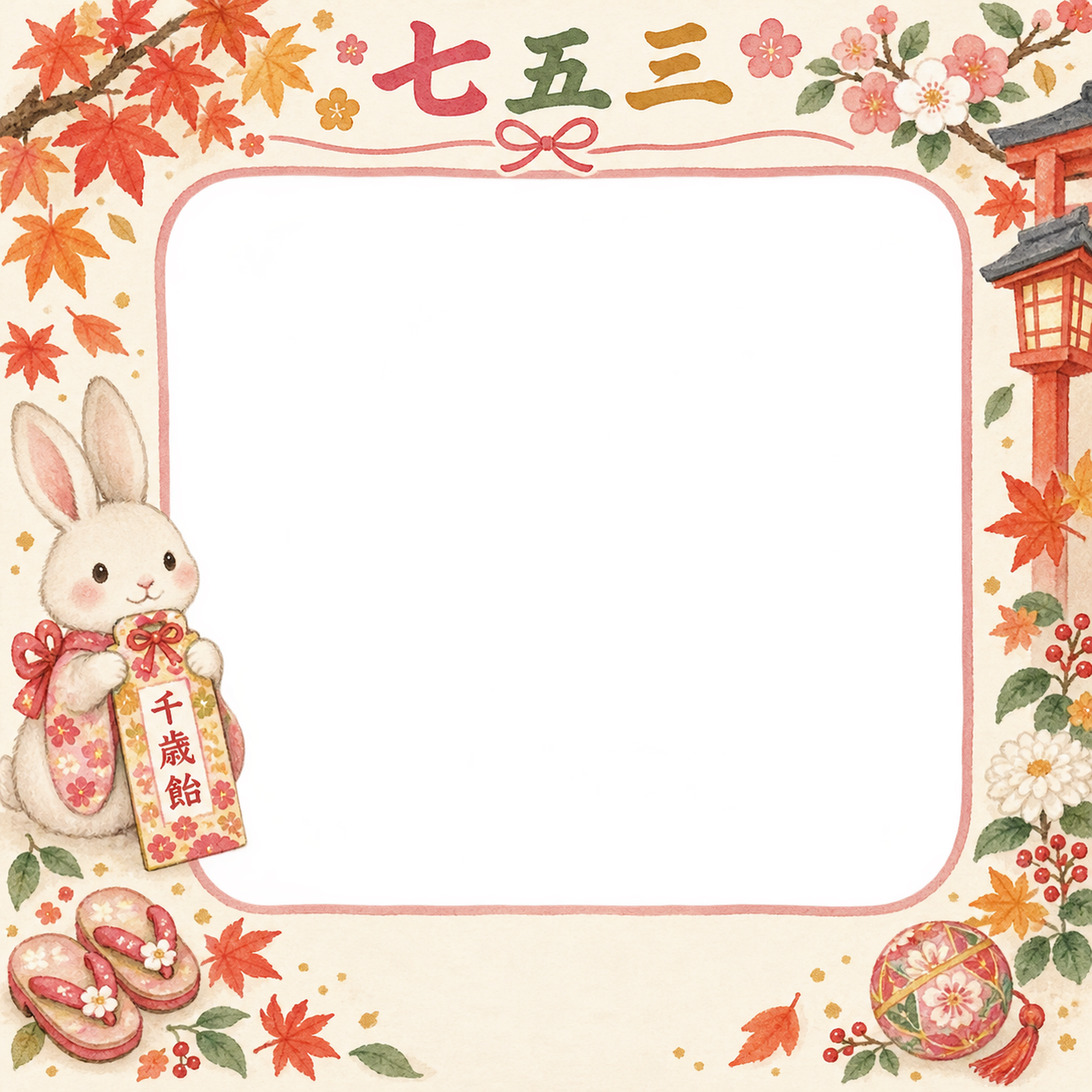 うさぎと小さな草履の七五三写真フレーム｜動物と千歳飴・無料イラスト 100410に写真・文字を入れる
