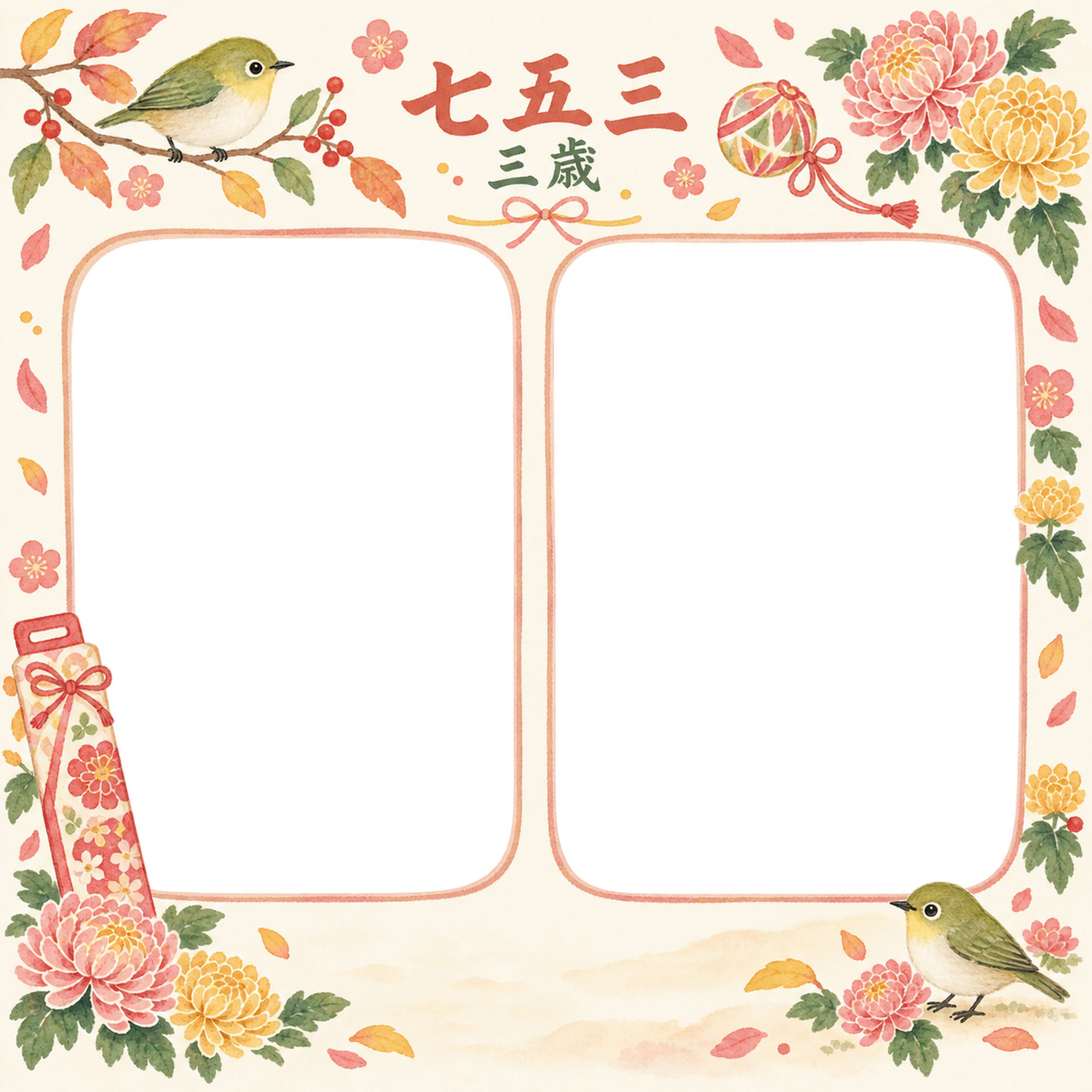 小鳥と菊の花の七五三写真フレーム｜動物と千歳飴・無料イラスト 100411に写真・文字を入れる