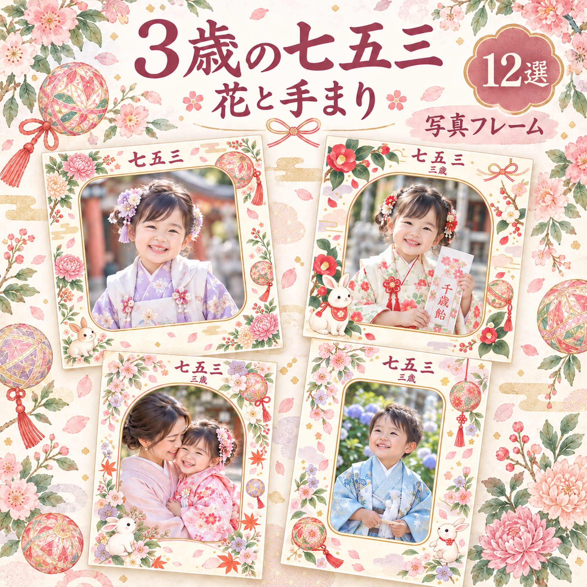 3歳の七五三写真フレーム12選｜花と手まりの無料イラスト素材 100413に写真・文字を入れる