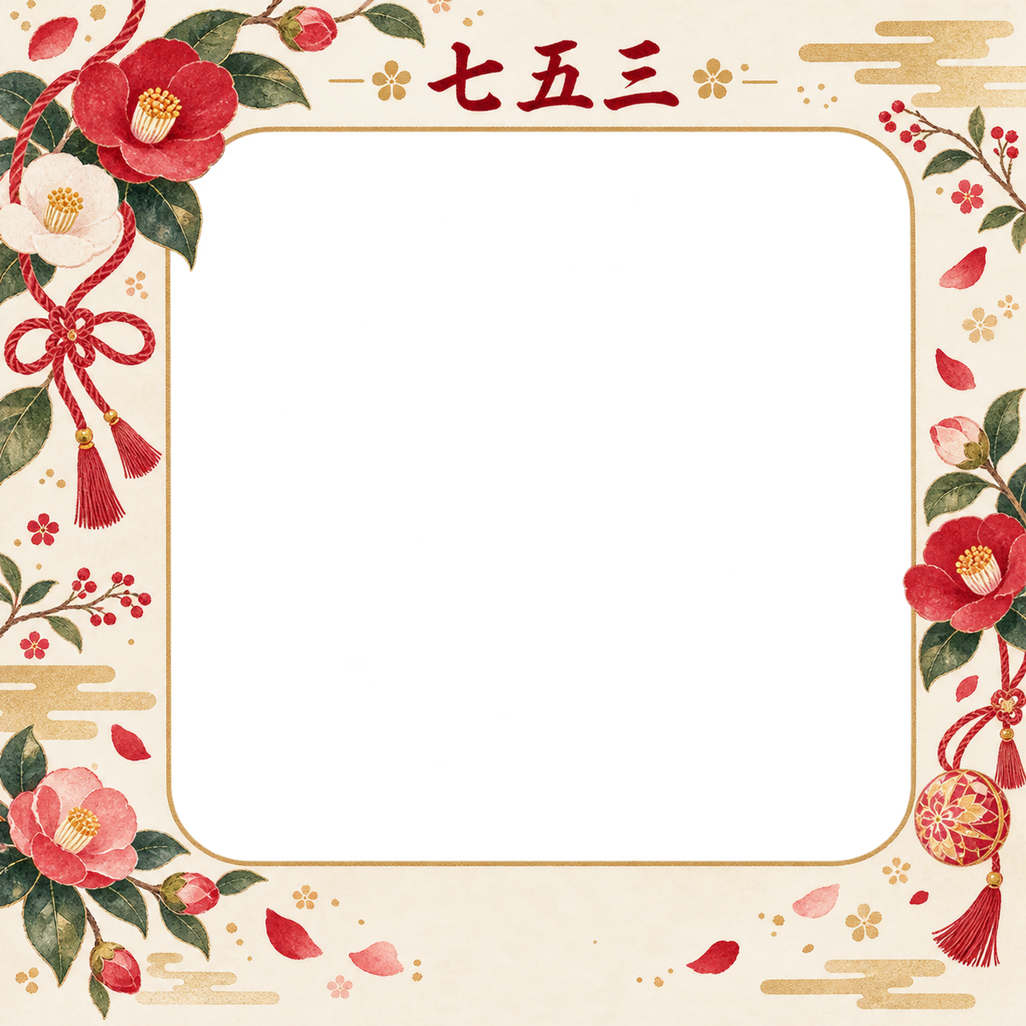椿と赤い組紐の七五三写真フレーム｜花と組紐・無料イラスト 100453に写真・文字を入れる