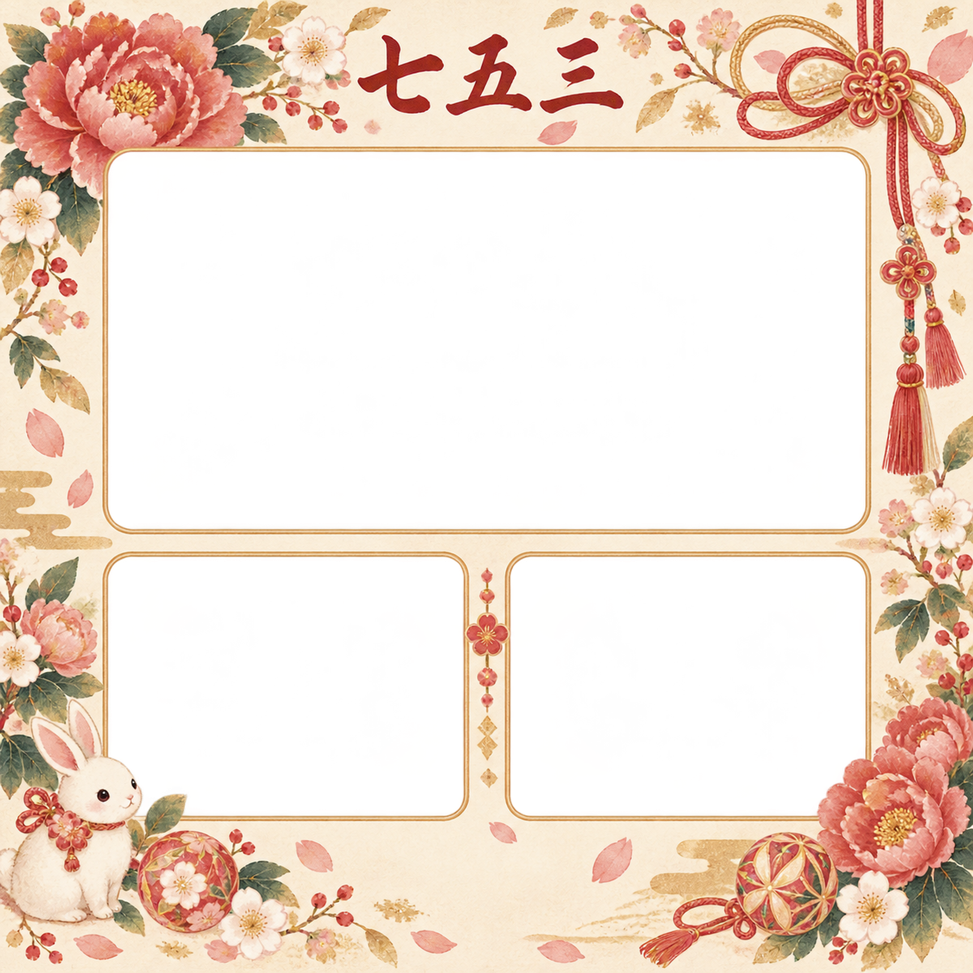 牡丹と結び紐の七五三写真フレーム｜花と組紐・無料イラスト 100460に写真・文字を入れる