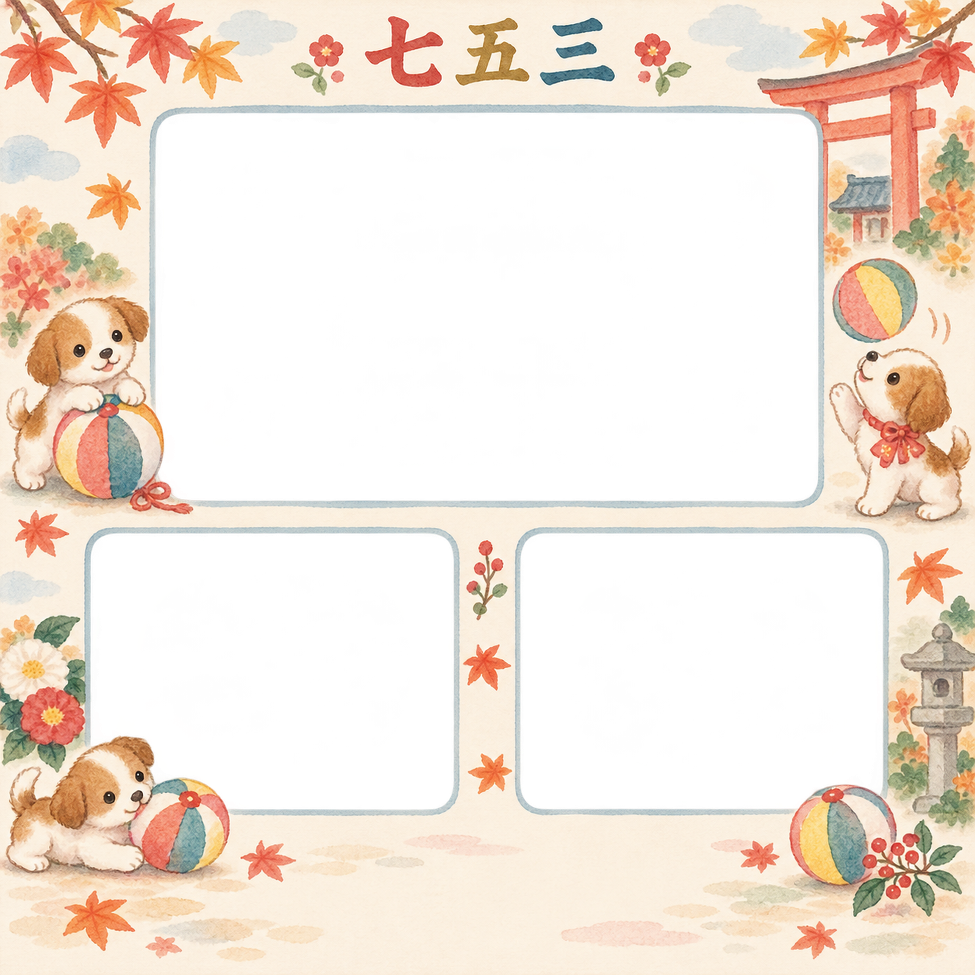子犬と紙風船の七五三写真フレーム｜動物のお祝い・無料イラスト 100551に写真・文字を入れる