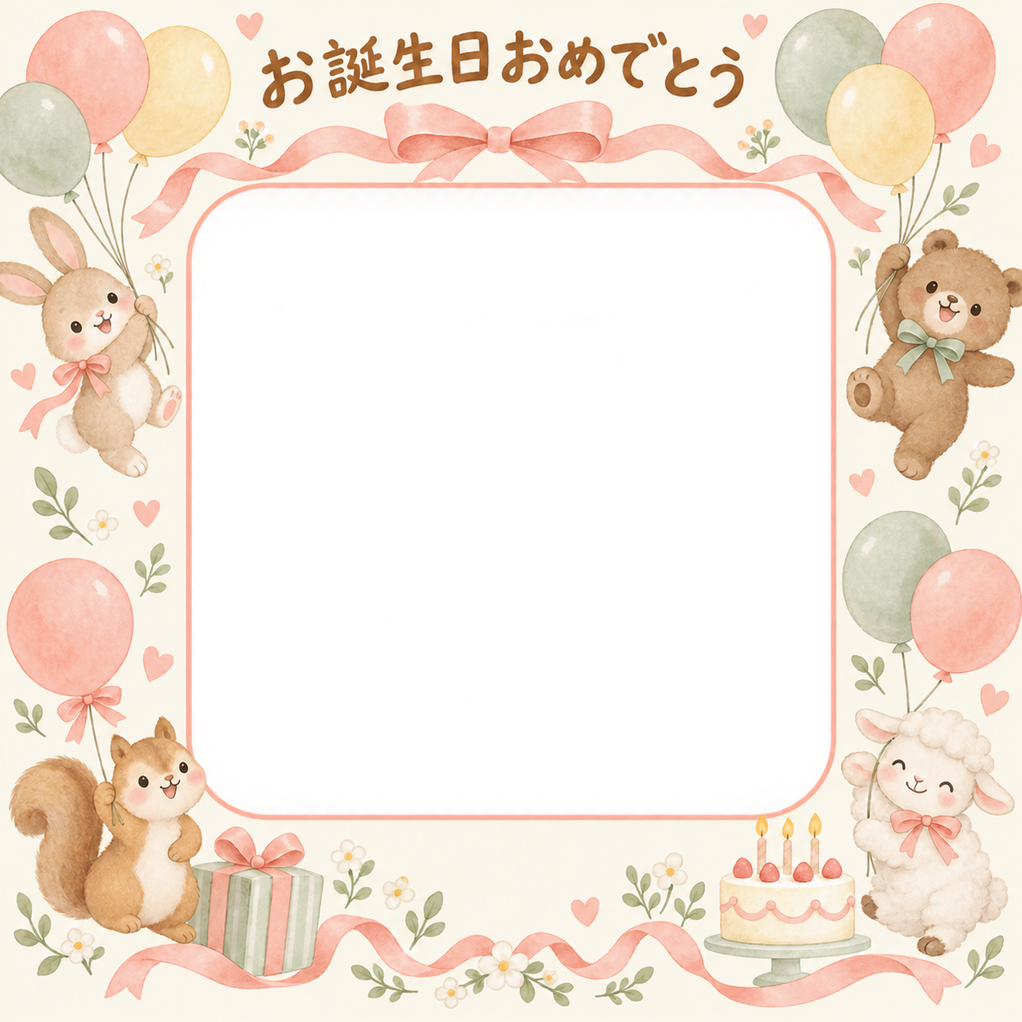 風船とリボンの誕生日写真フレーム｜動物と風船・無料イラスト 100578に写真・文字を入れる