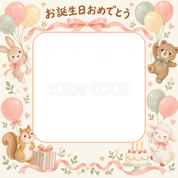 風船とリボンの誕生日写真フレーム｜動物と風船・無料イラスト 100578