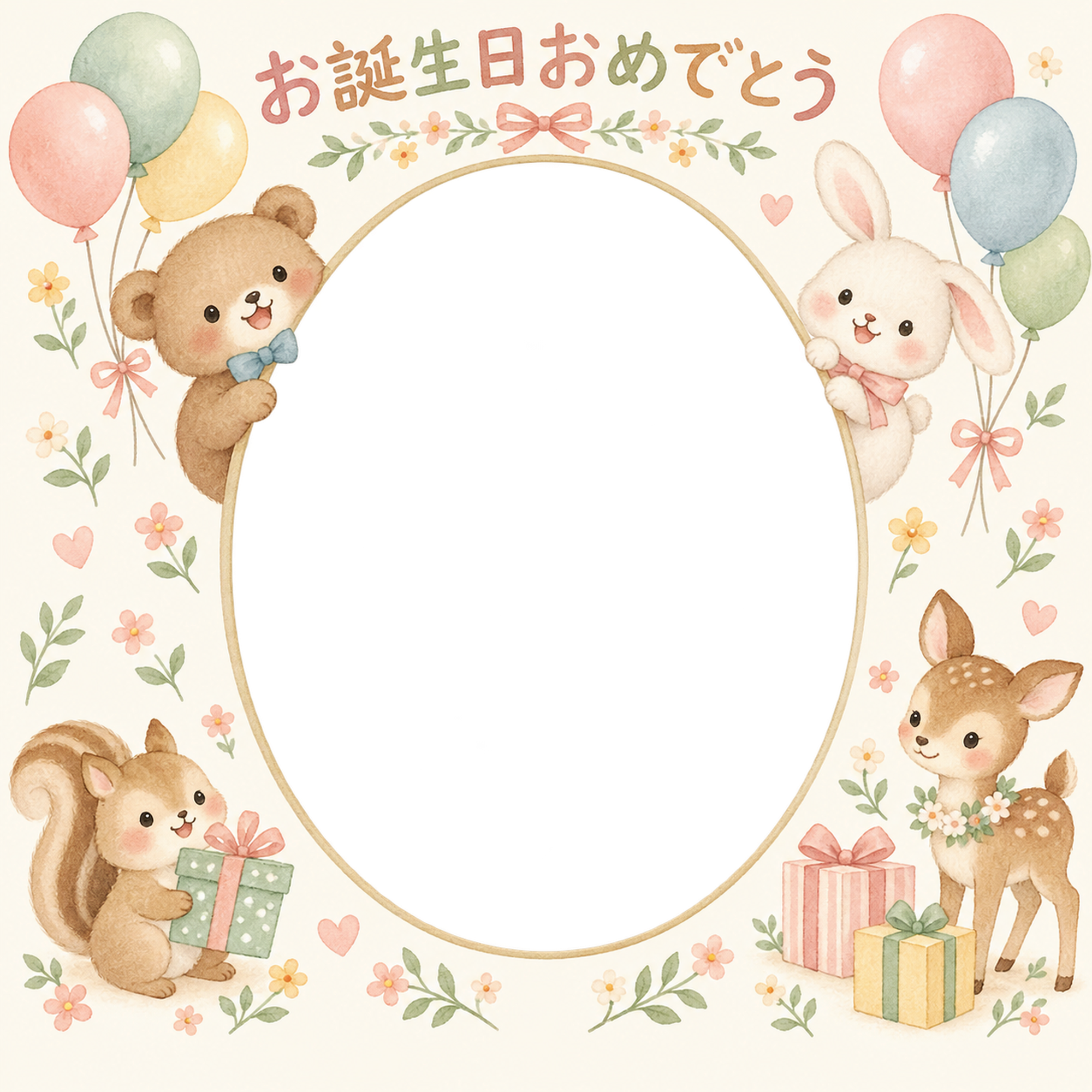 贈り物と小花の誕生日写真フレーム｜動物と風船・無料イラスト 100580に写真・文字を入れる