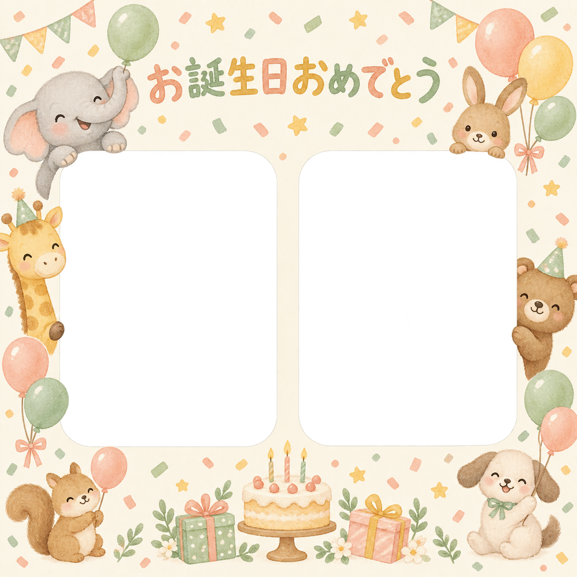 紙吹雪と風船の誕生日写真フレーム｜動物と風船・無料イラスト 100582に写真・文字を入れる