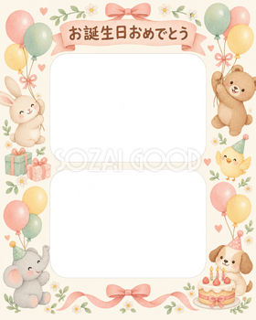 リボンとケーキの誕生日写真フレーム｜動物と風船・無料イラスト 100583