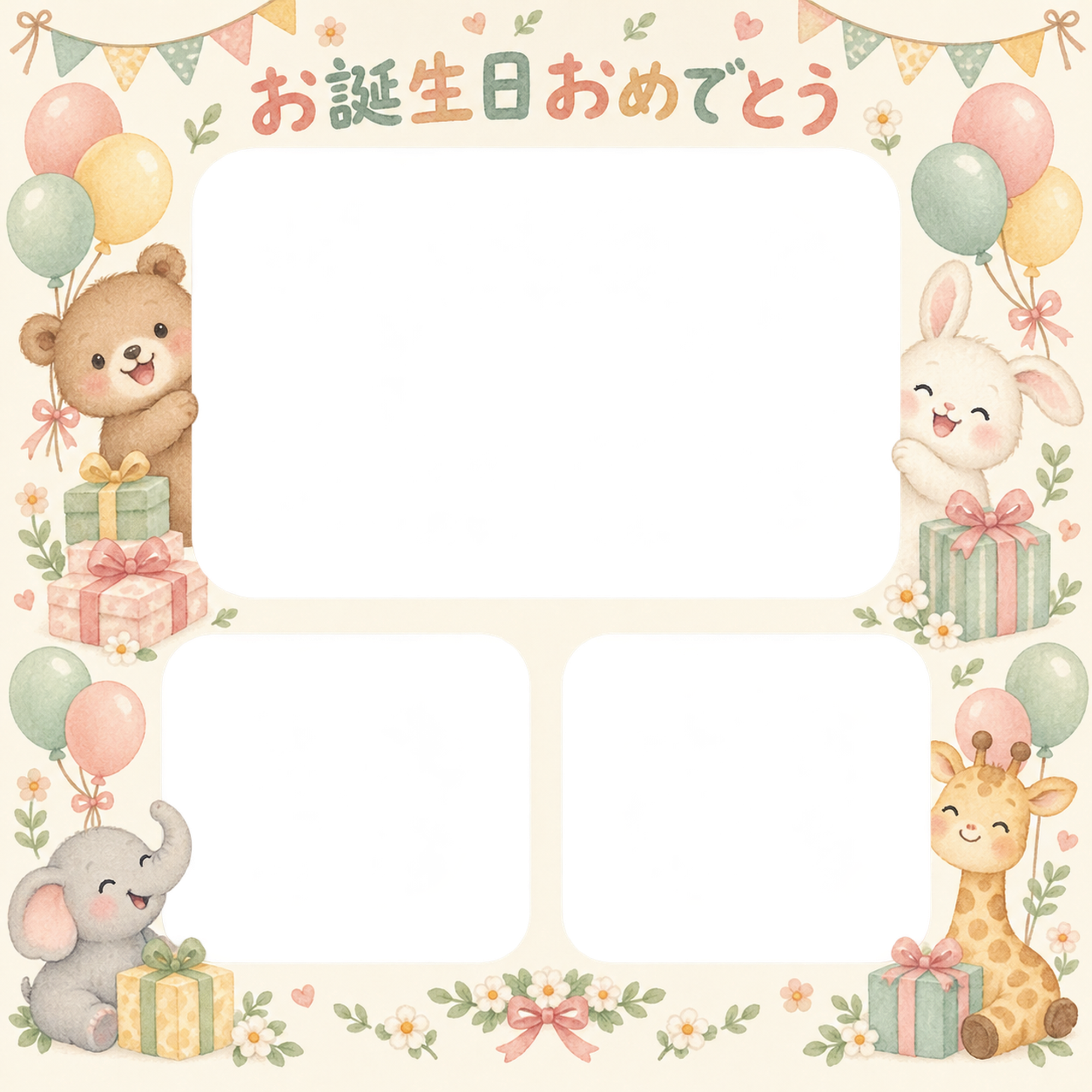 贈り物とガーランドの誕生日写真フレーム｜動物と風船・無料イラスト 100585に写真・文字を入れる