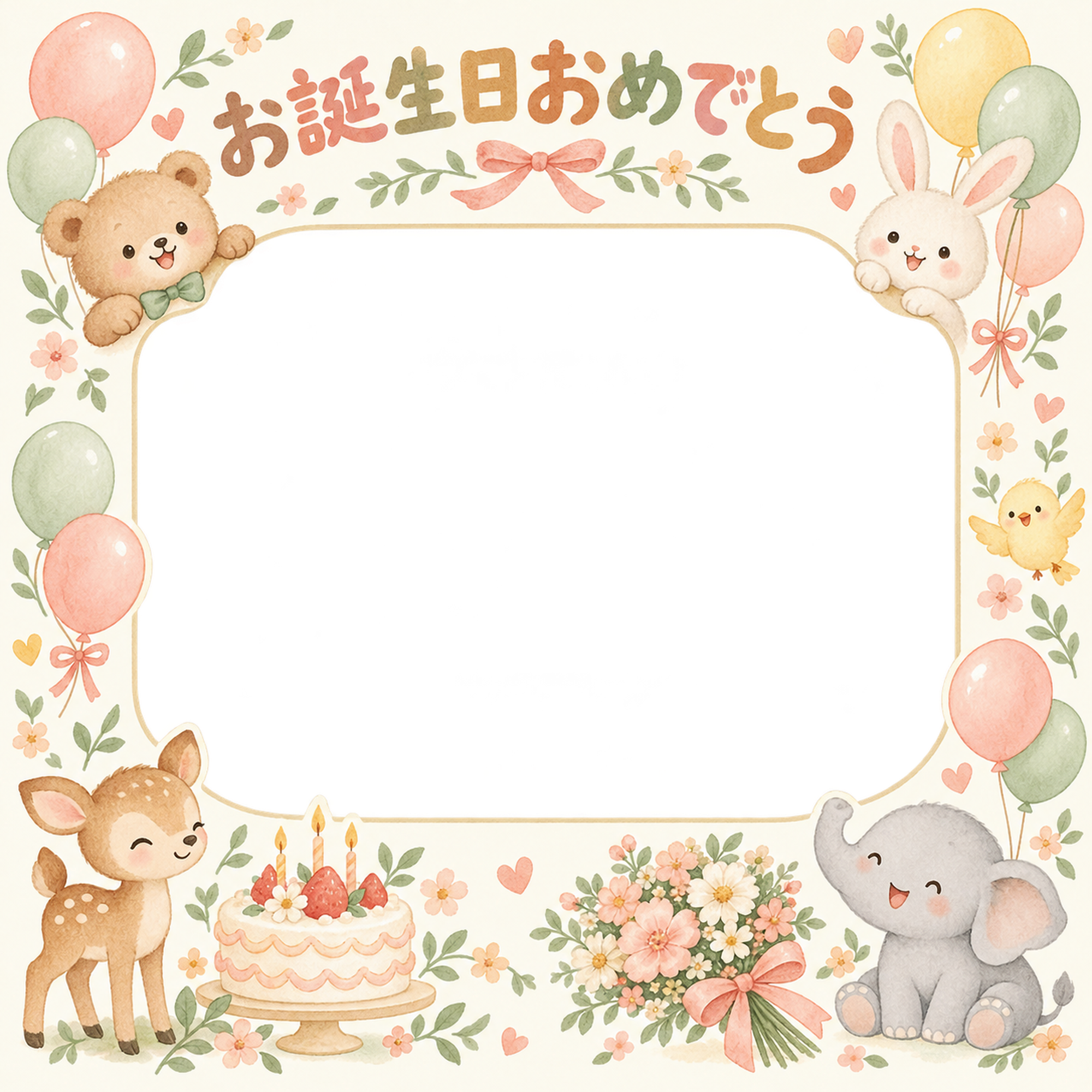 ケーキと花束の誕生日写真フレーム｜動物と風船・無料イラスト 100587に写真・文字を入れる
