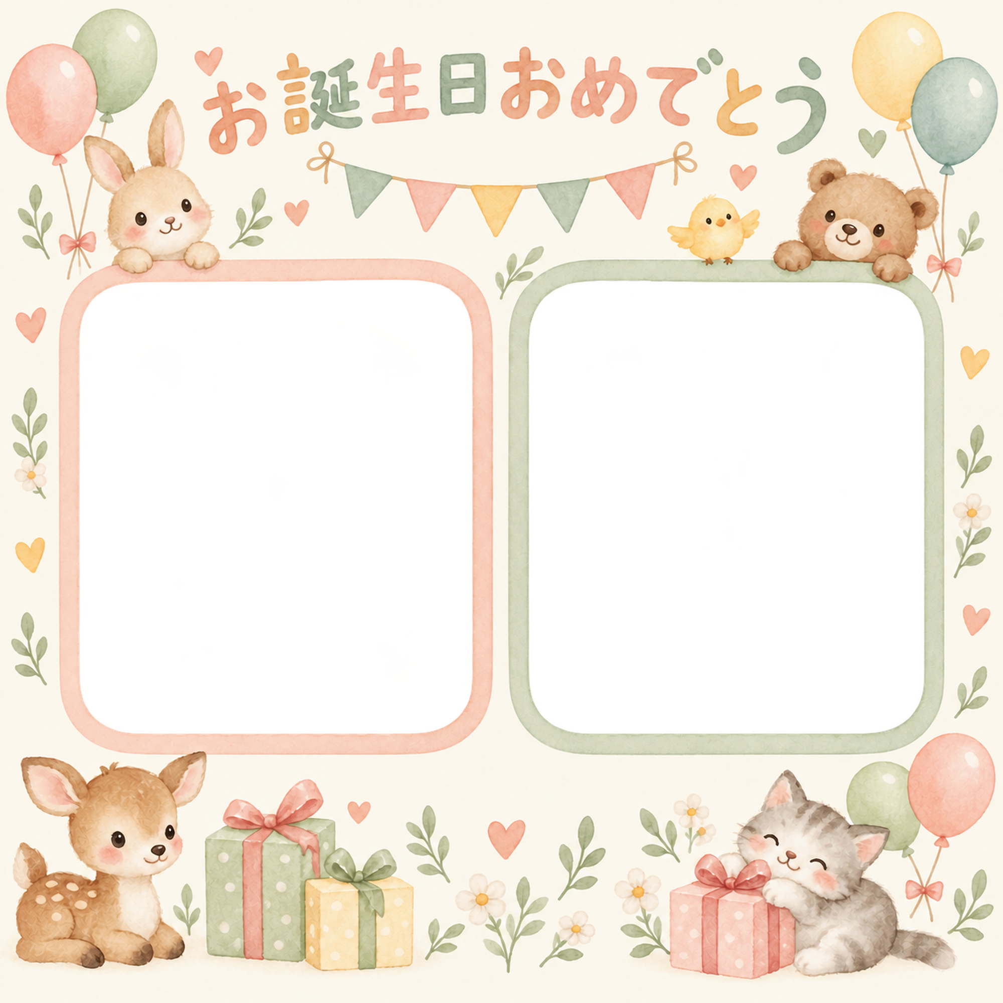 風船と贈り物の誕生日写真フレーム｜動物と風船・無料イラスト 100588に写真・文字を入れる