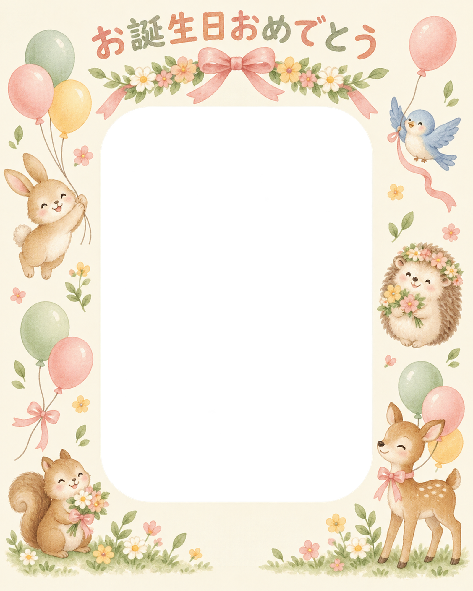 花輪のお祝いの誕生日写真フレーム｜動物と風船・無料イラスト 100589に写真・文字を入れる