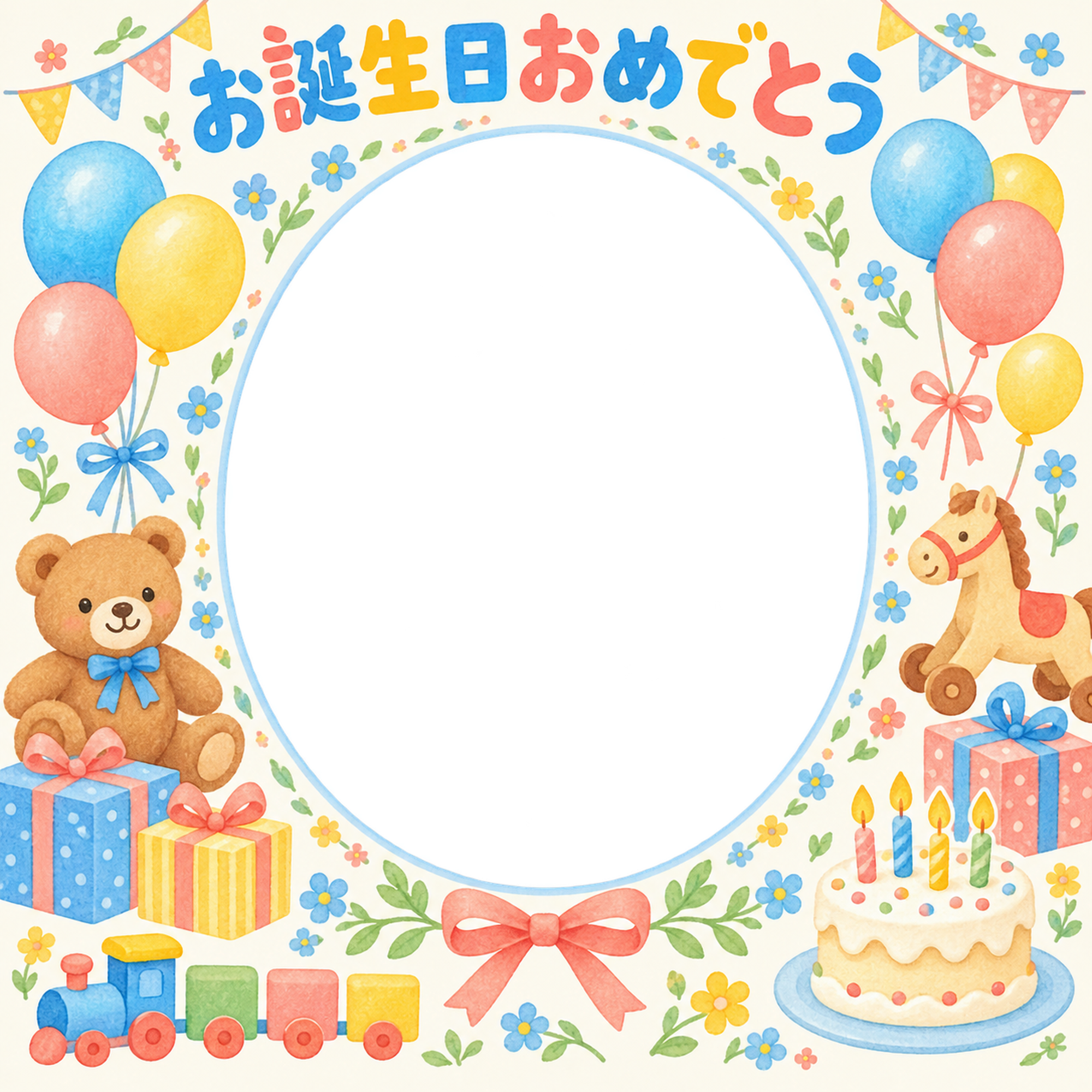 贈り物と小花の誕生日写真フレーム｜おもちゃとパーティー・無料イラスト 100593に写真・文字を入れる