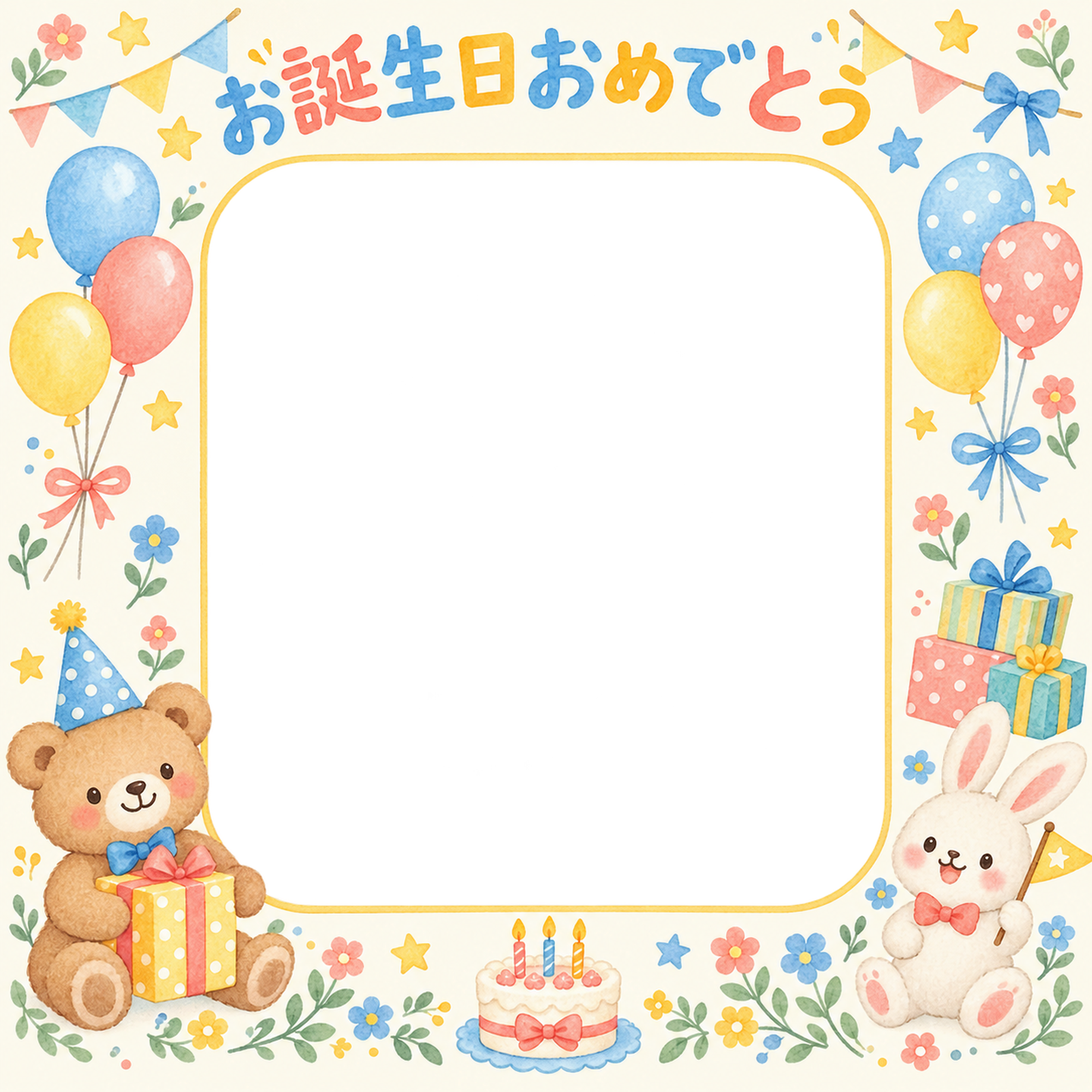 小花と星の誕生日写真フレーム｜おもちゃとパーティー・無料イラスト 100597に写真・文字を入れる