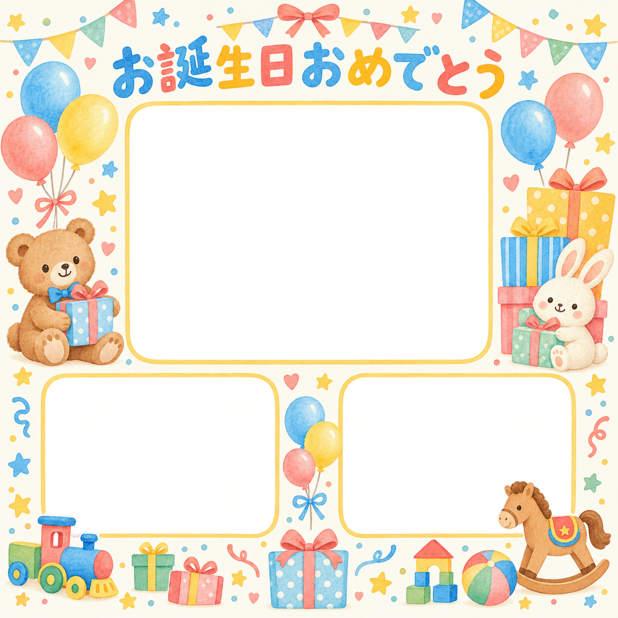 贈り物とガーランドの誕生日写真フレーム｜おもちゃとパーティー・無料イラスト 100598に写真・文字を入れる